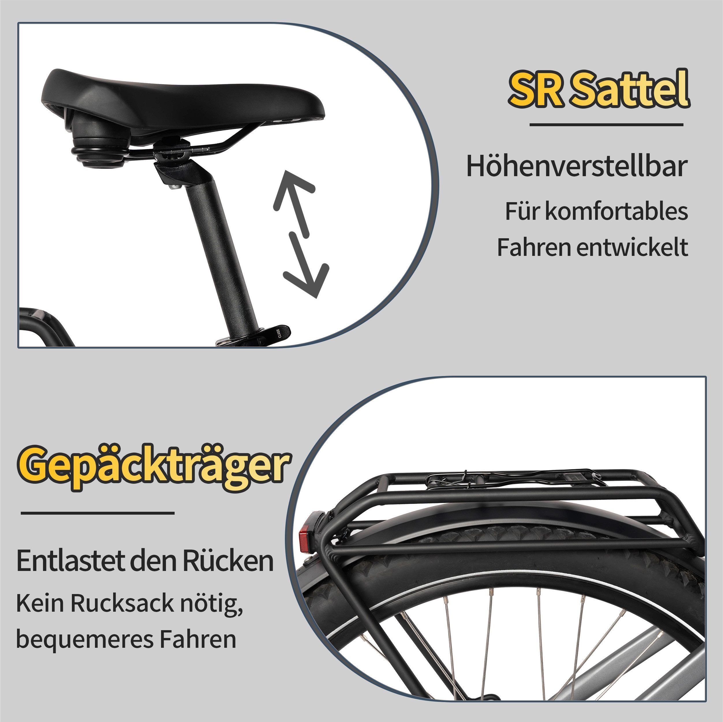 SAXXX E-Bike Cityrad Damen Herren 28x2,35", SAXXX SUV, 468 Wh, 120 km, 95 % vormontiert, 7 Gang SHIMANO Altus Schaltwerk, Kettenschaltung, Hinterradmotor, 468 Wh, (mit Tiefeinstieg, mit Gepacktrager, abnehmbarer Akku), 250W Heckmotor, Pedelec E-Citybike, Elektrofahrrad mit 45cm Rahmenhöhe