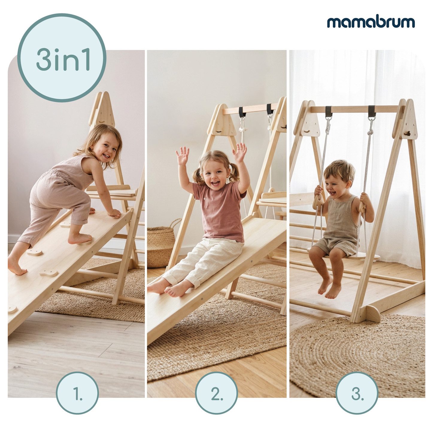 Mamabrum Spielcenter Mamabrum Indoor Spielplatz Holz mit Rutsche Schaukel Kletterwand