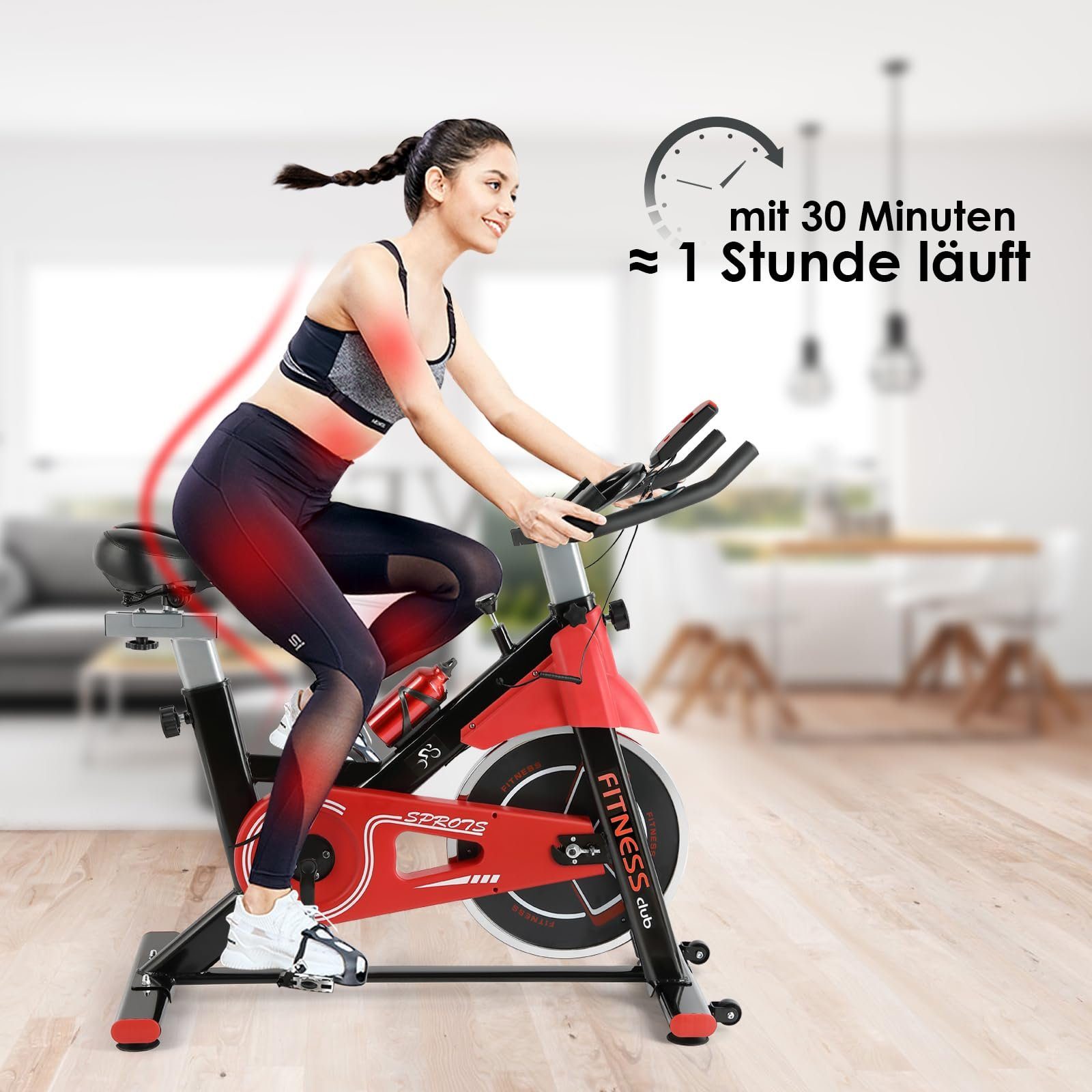 Fitnessclub Heimtrainer mit Schwungrad & einstellbare Sitzhöhe, LCD-Display, Indoor Cycle, mit 12kg Schwungrad & einstellbare Sitzhöhe Rot