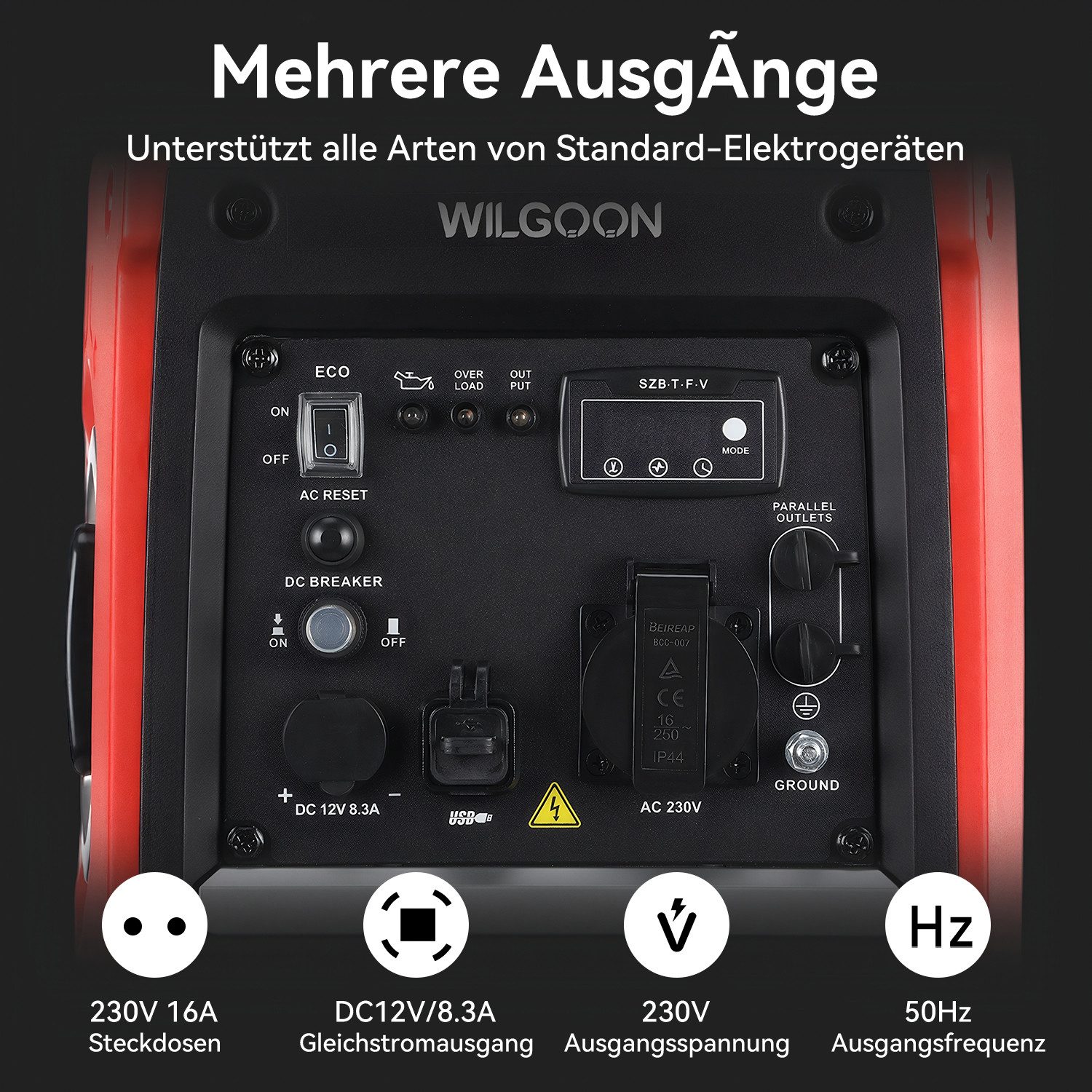 WILGOON BS2250IS 4-Stroke Quiet Generator, Inverter Generator, 2000W (2 kW), 79.8 cm³, Petrol Generator with 230V Socket for Camping and Motorhomes