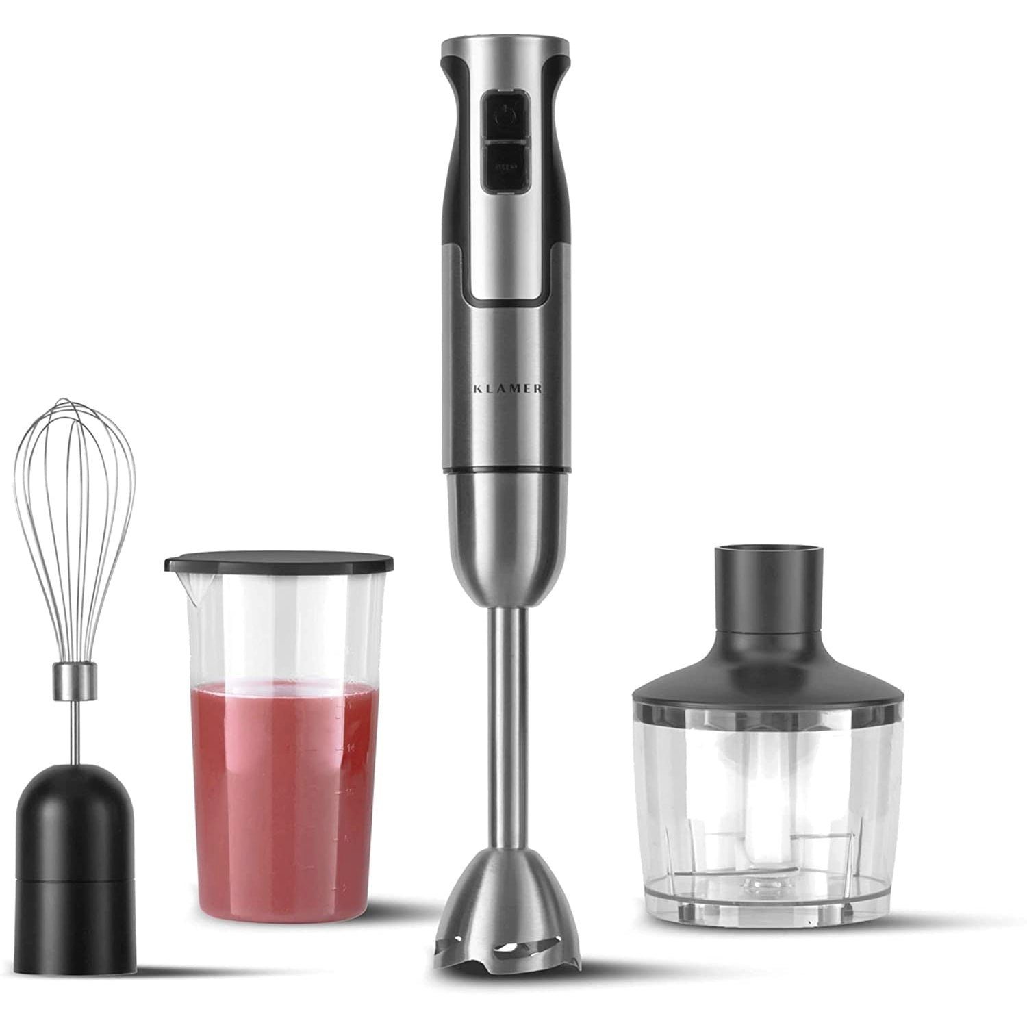 KLAMER Stabmixer Set 800 Watt, 4 in 1 Pürierstab Edelstahl mit stufenloser Geschwindig…, 800 W, Kindersicher, stufenlos regelbar, Quick-Lock-Turn-System, 4 Klingen