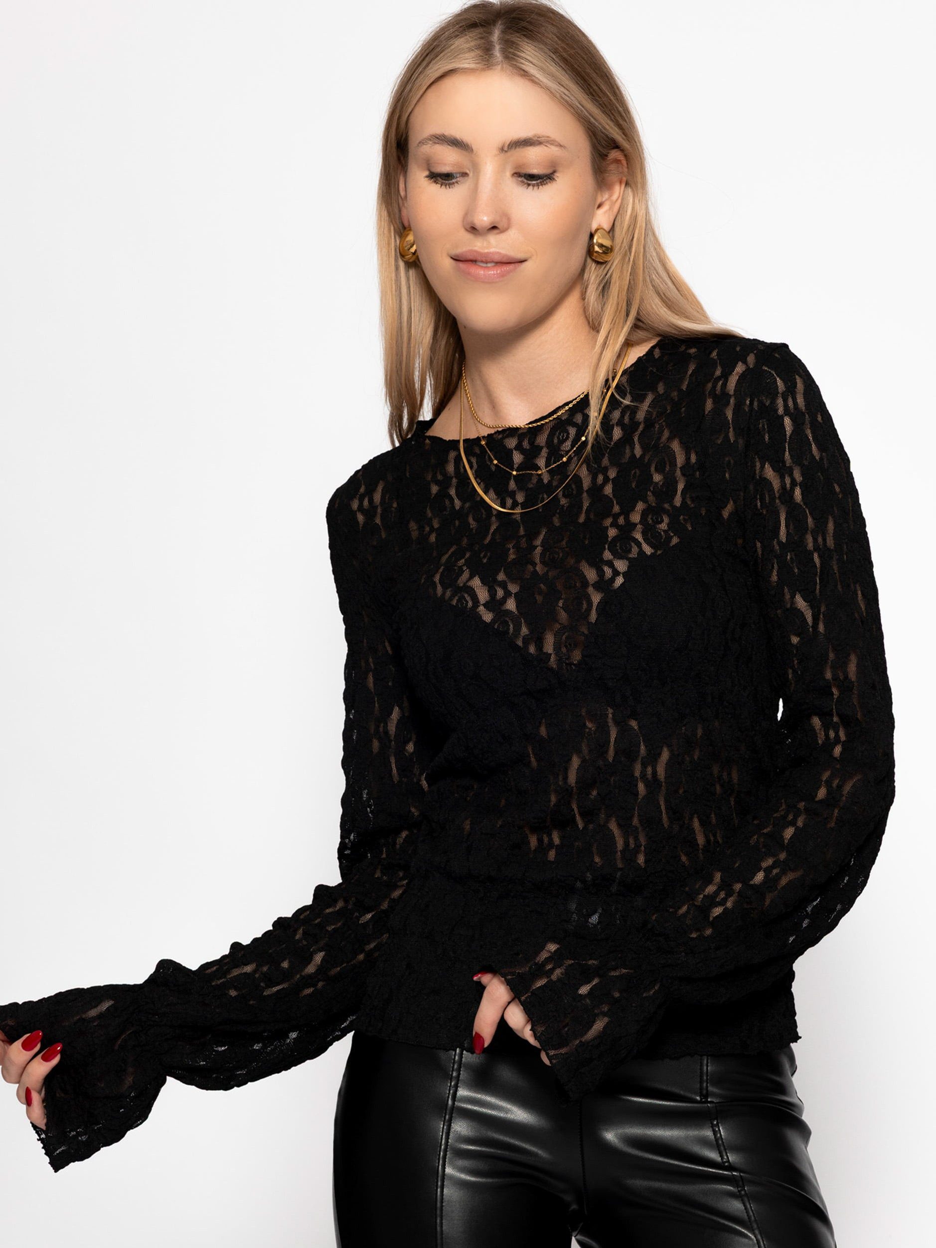 SASSYCLASSY Langarmshirt Spitzenshirt mit Volantärmeln Damen Transparentes günstig online kaufen