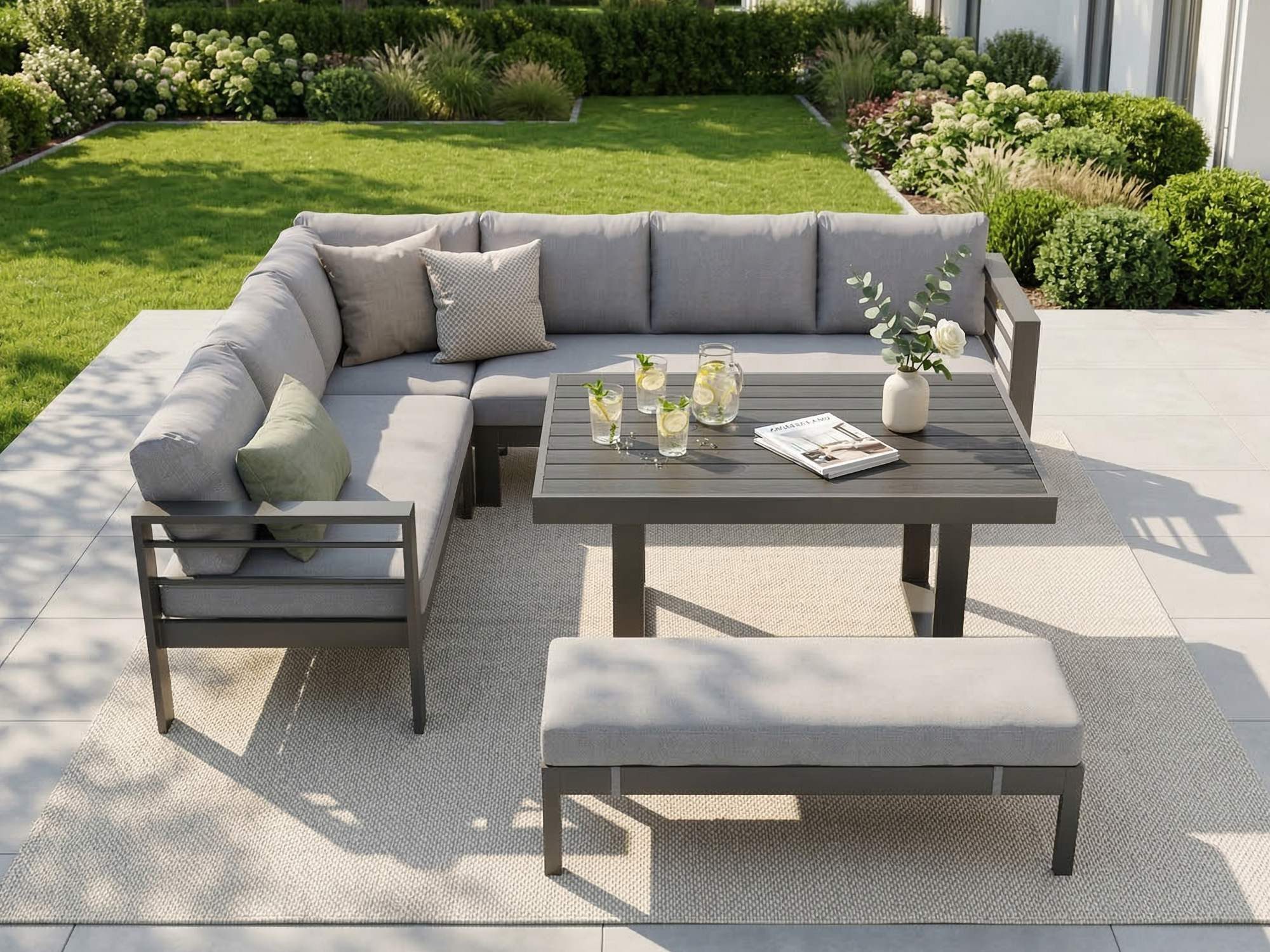 MeXo Gartenlounge-Set Outdoor Gartenmöbel Lounge-Set für 6-8 Personen, (Aluminium-Ecklounge, linke Ecke, 5-tlg., wetterfest & pflegeleicht), großer Esstisch 130 – Bild 5 von 5