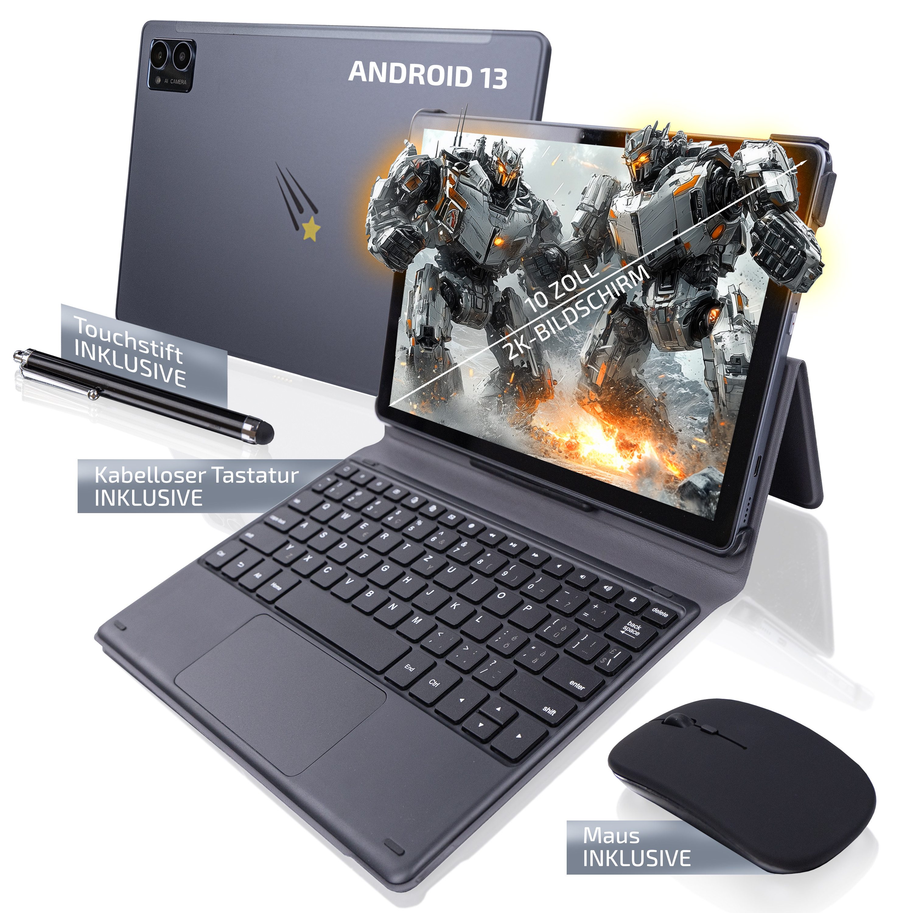 Goldstern-Tech TabSlate Pro Tablet (10", 128 GB, Android 13, 4G LTE, Leistungsstark mit 2K-Bildschirm inkl. Wireless Tastatur, Maus & Stift)