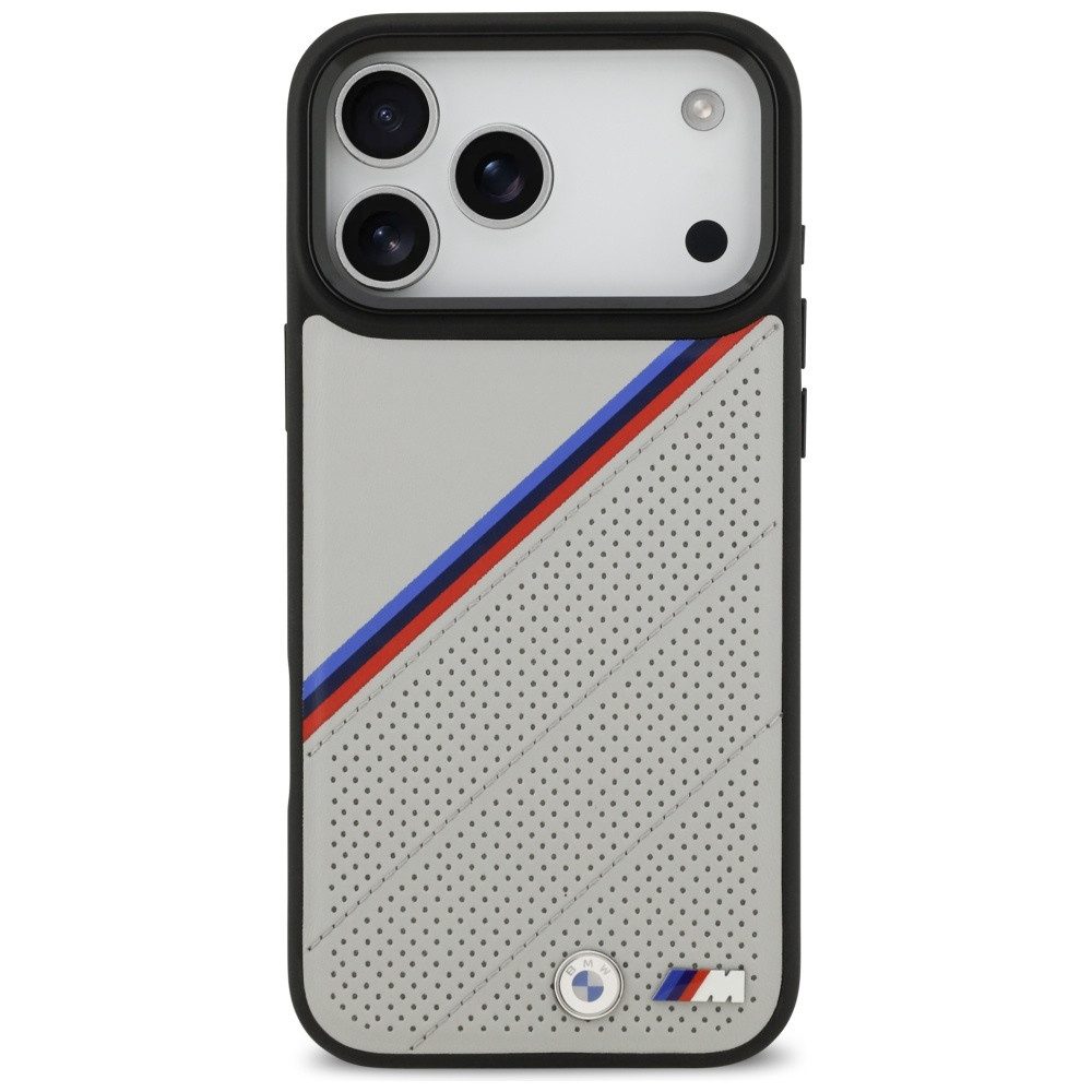 BMW Handyhülle Case iPhone 17 Pro Max MagSafe Kunstleder grau Tricolor Logo Metall 6,9 Zoll, Kantenschutz