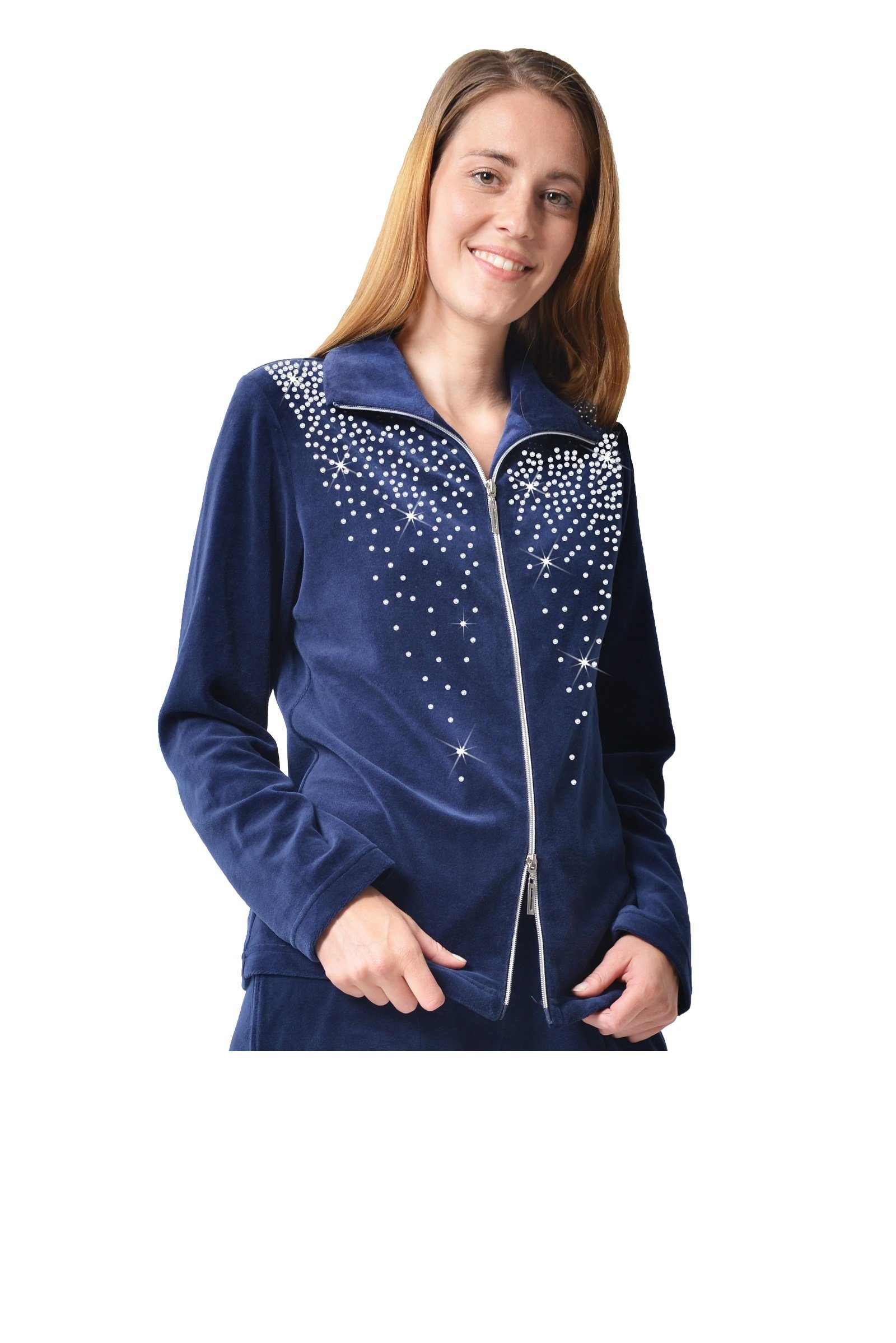 RAIKOU Blusenjacke Eleganten Homewear Freizeitjacke Hausjacke Blues Mit Reißverschluss (80% Baumwolle smartweiche Nicki, 1 tlg) mit hellem Strassstein Nachtblau