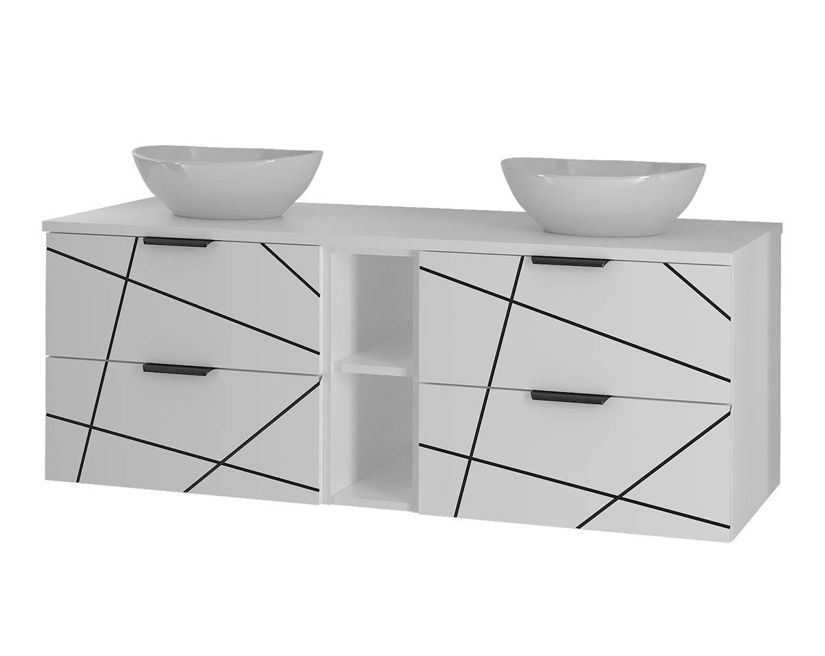 einfachgutemoebel Waschtisch-Set Badset 2-tlg. Doppelwaschtisch 140cm STRIATA, Weiß Aufsatzbecken, (Badmöbel Set, 1-St., Waschtisch Unterschrank)
