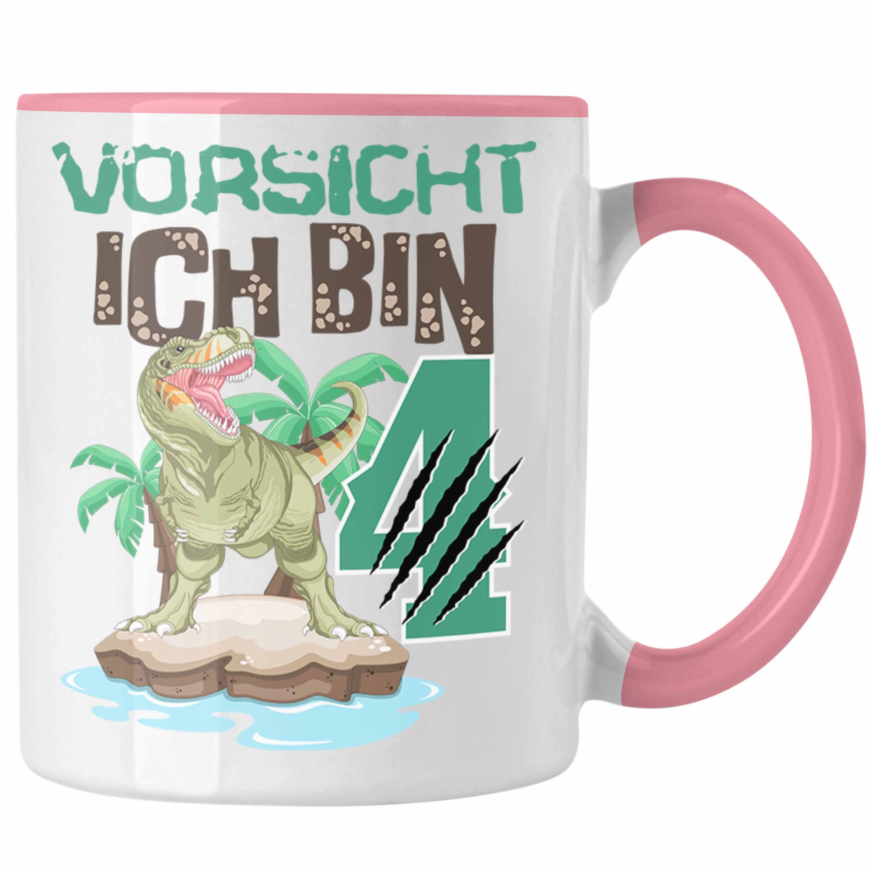 Trendation Tasse Vorsicht Ich Bin 4 Geschenk 4er Geburtstag Geschenkidee Jungs Dinosaur Rosa