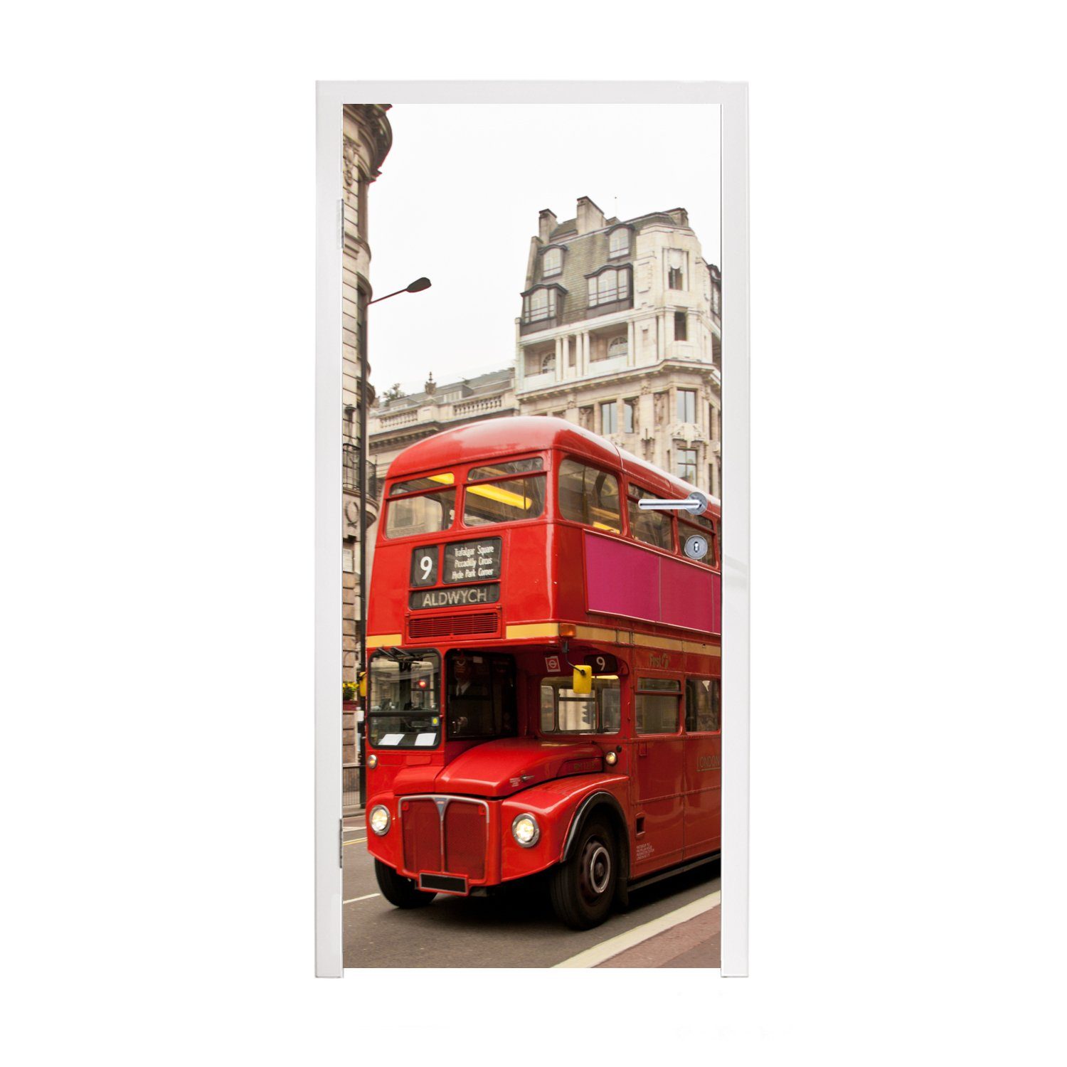 MuchoWow Türtapete Ein roter Doppeldeckerbus in London, Matt, bedruckt, (1 St), Fototapete für Tür, Türaufkleber, 75x205 cm