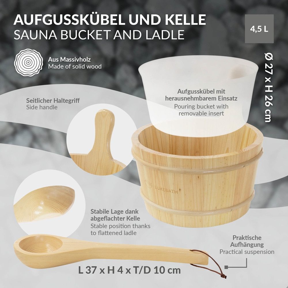 LuxeBath Sauna-Aufgussset 4-teilig Saunazubehör-Set aus massivem Kiefernholz, Sauna Set Zubehör Inkl. 4,5L Aufgusskübel, Kelle, Thermometer-Hygrometer, 15min. Sanduhr