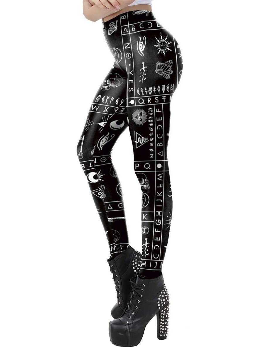 Metamorph Teufel-Kostüm Occult Print Leggings - für Halloween Kostüm Damen, Elastische Leggings mit satanistischen Symbolen