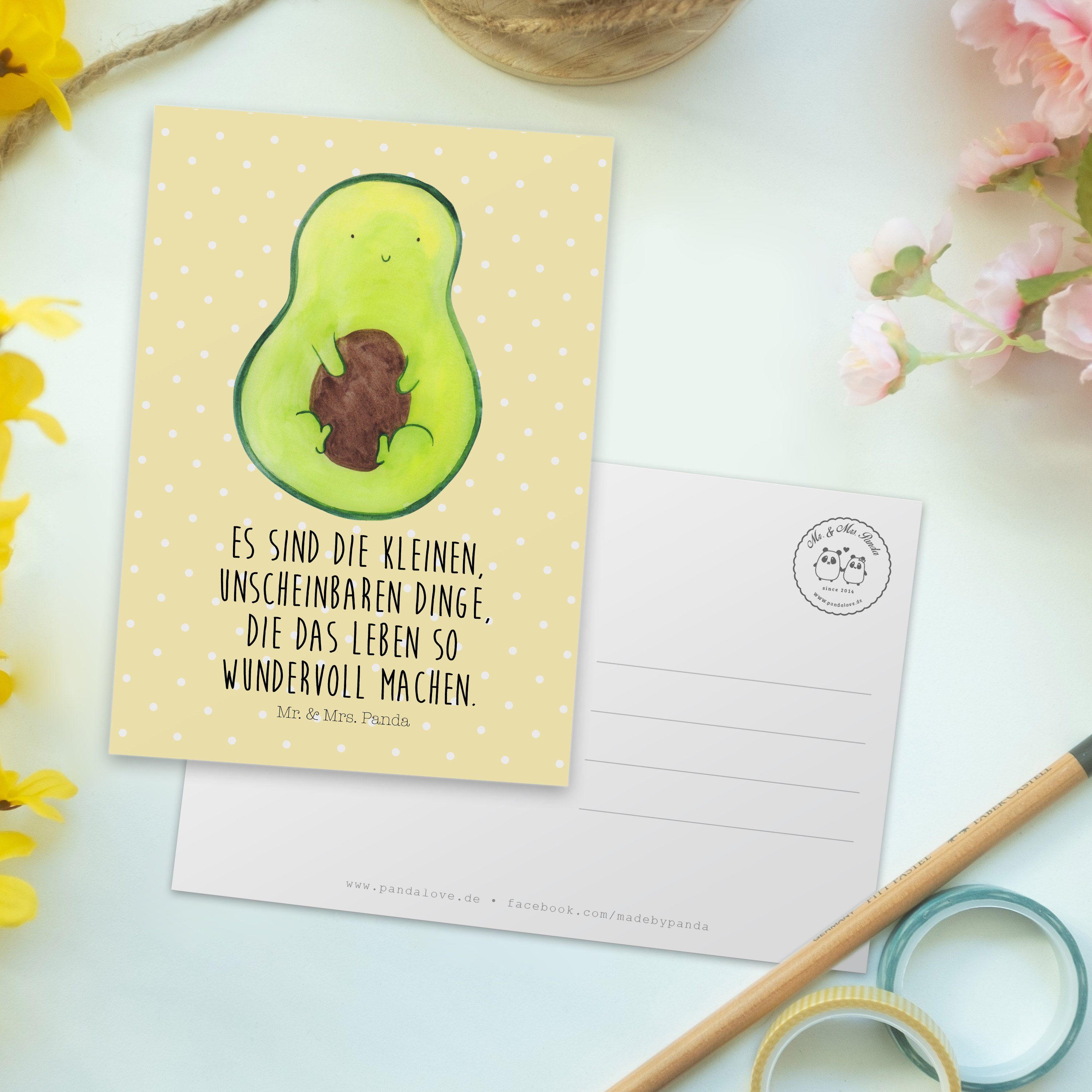 Avocado Postkarte - Einladung, Mrs. & Gelb Pastell Pflanz mit Mr. Panda Kern Veggie, Geschenk, -