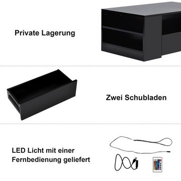 Sweiko Couchtisch (Wohnzimmertisch mit LED-Beleuchtung, inkl. Fernbedienung), hochglanz Beistelltisch mit 4 Ablage und 2 Schubladen, 95 x 53 x 37cm