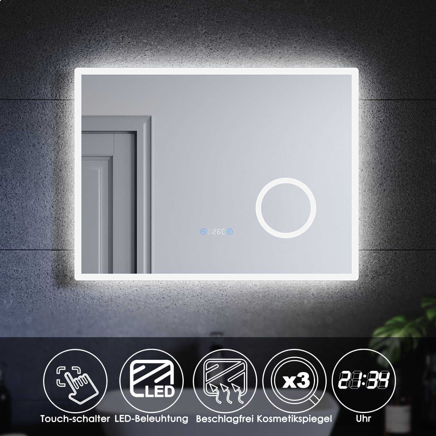 SONNI Badspiegel Badezimmerspiegel mit 3-facher mit LED Vergrößerung,100/80cmx60cm