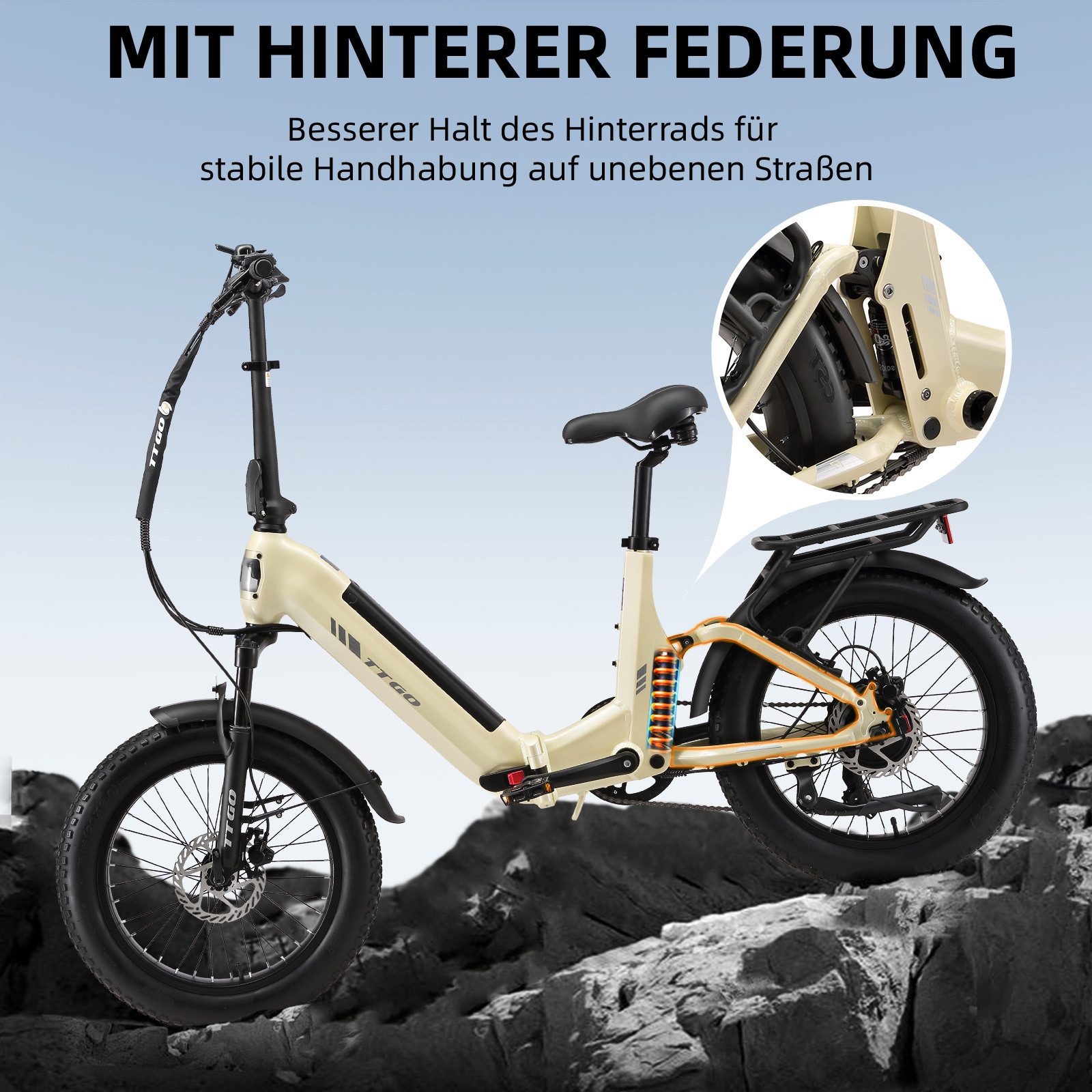 TTGO E-Bike Klapprad 20 Zoll, Fully, Vollfederung, 70Nm Hinterradmotor, 120km, max.150kg, 7 Gang SHIMANO, Kettenschaltung, Heckmotor, 720 Wh, F7, Drehmomentsensor, Lockout-Federgabel, Elektrofahrrad, Damen Herren