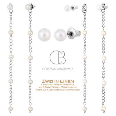 Célia von Barchewitz Perlenohrringe "LISA" als Muttertagsgeschenk mit 5 echten Süsswasser Baby Pearls, 3 in 1, kurz (Stecker) + lang (Hänger) tragbar