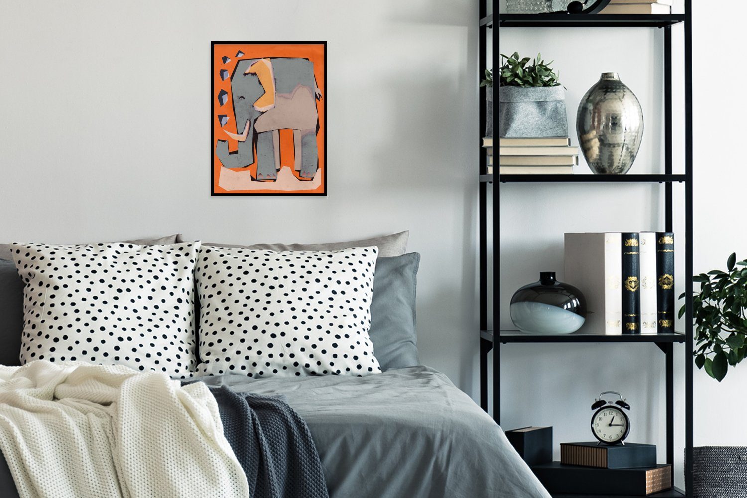 Bilderrahmen Schwarzem Rahmen, Elefant - Kinder - St), (1 Pastell Tiere, Kunstdruck, - MuchoWow Gerahmtes Poster - Poster, mit Orange