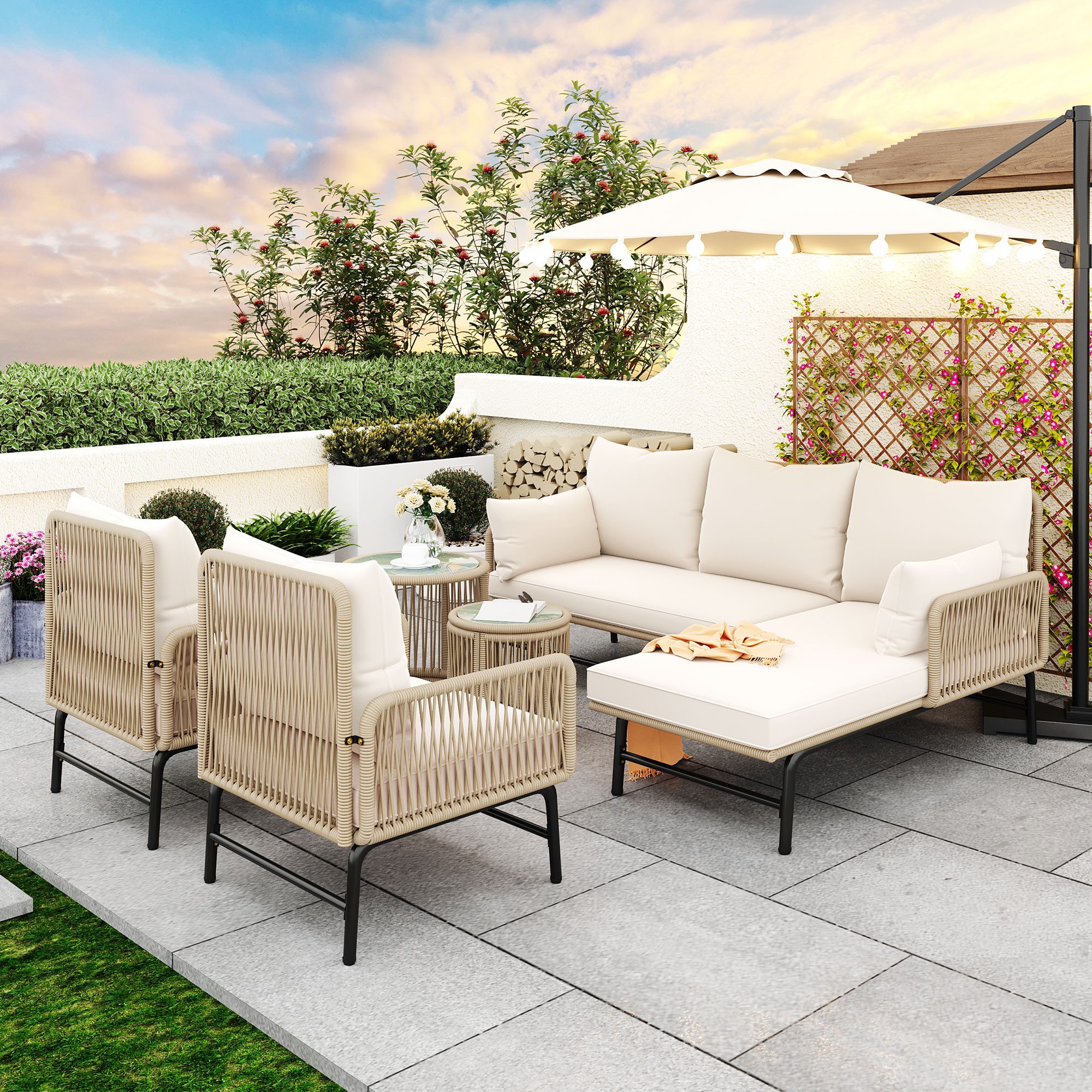 Flieks Gartenlounge-Set, 6-Sitzer Gartenmöbel mit gewebtem Seil (2 Sofas+2 günstig online kaufen