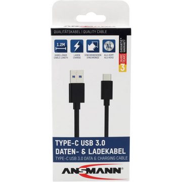 ANSMANN AG Typ C auf USB 3 Daten- und Ladekabel 1.2m USB-Kabel, (1.20 cm), Aluminium-Stecker, TPE-Mantel, beidseitig verwendbarer Stecker