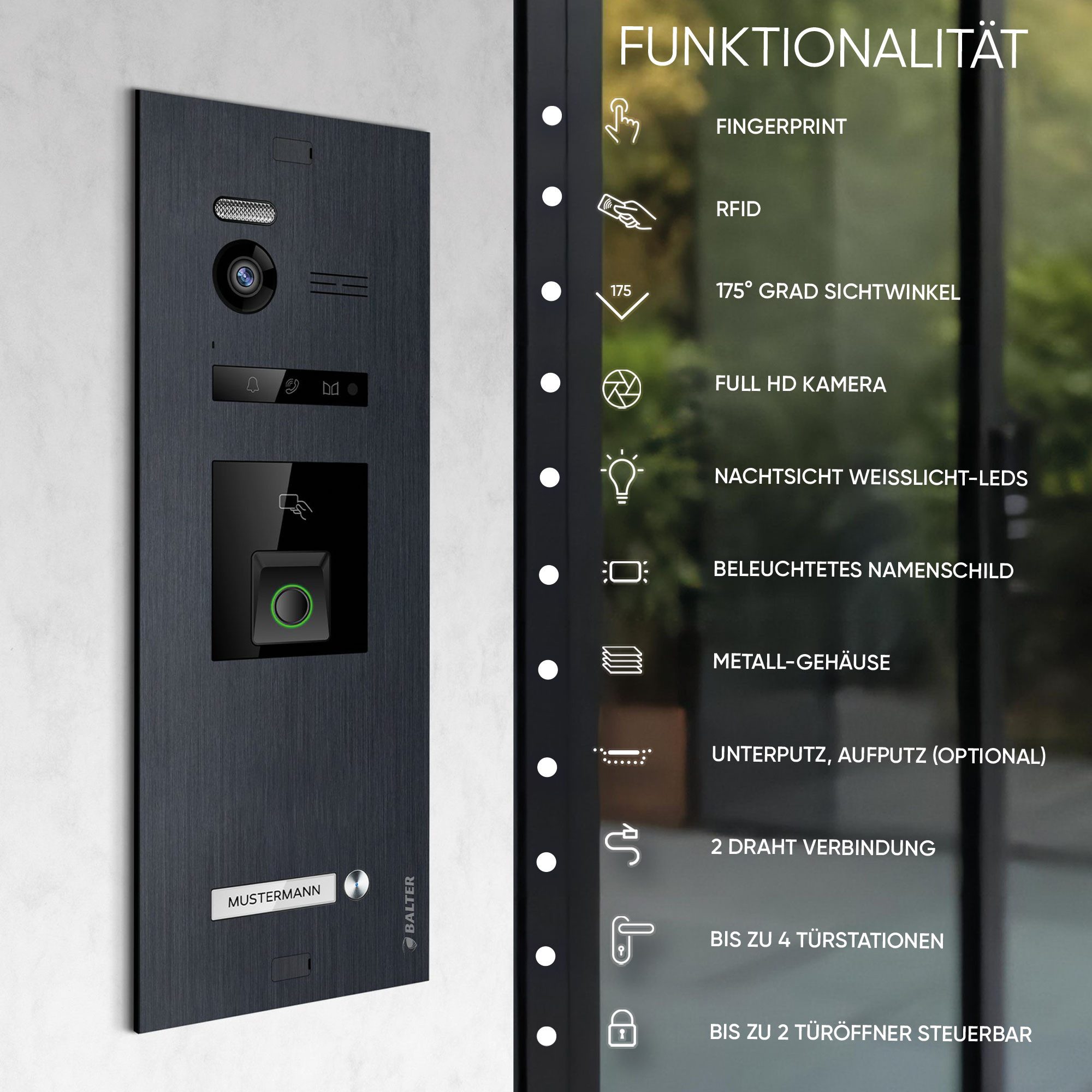 Balter Video-Türsprechanlage EVO HD Fingerprint und RFID für 1 Familienhaus 2x Monitore (Türsprechanlage, Komplettset, Fingerprint, RFID, Full HD 175° Ultraweitwinkelkamera)