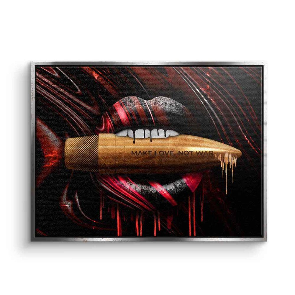 DOTCOMCANVAS® Leinwandbild, Leinwandbild Make Love Not War Motiv rote Lippen mit premium Rahmen silberner Rahmen