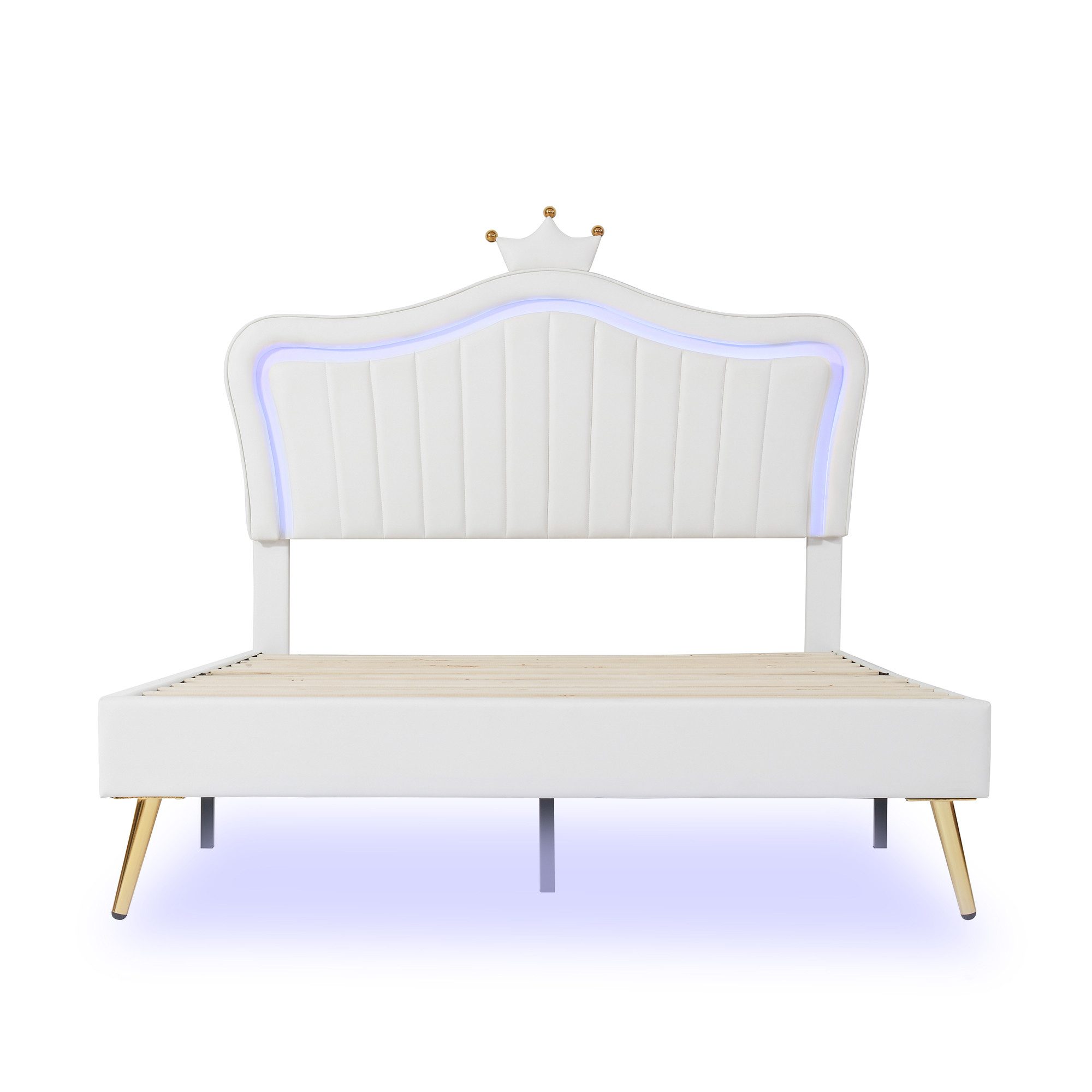 Ulife Polsterbett LED Kinderbett Einzelbett mit krone-Form Prinzessinnenbett