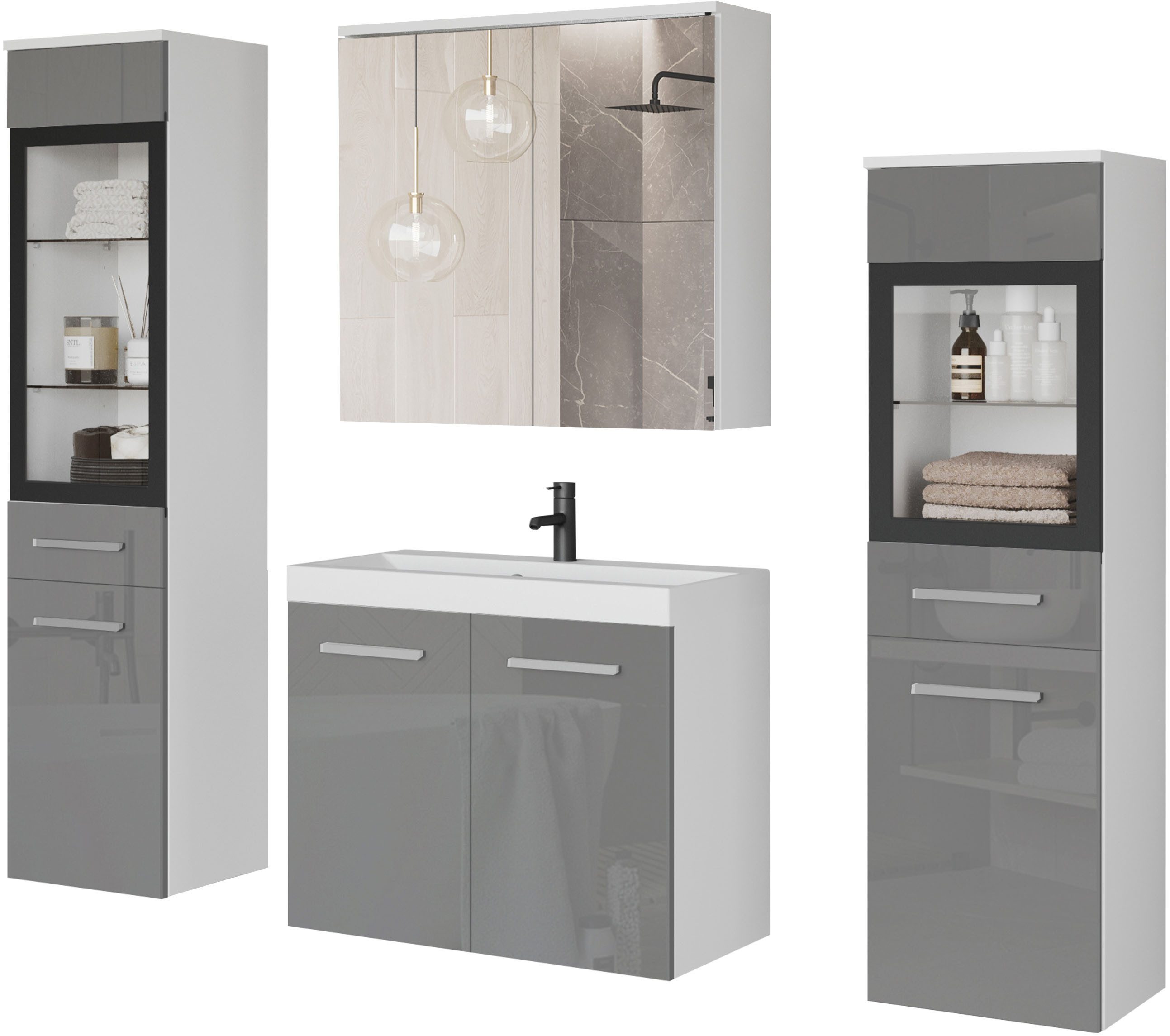 welltime Badmöbel-Set MADRIT II, Schrank mit Waschbecken, 2 Hänger, Spiegel günstig online kaufen