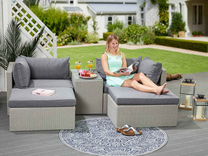 KONIFERA Gartenlounge-Set Dallas, (Set, 13-tlg., 2xSessel, 2xHocker, 1xTisch 70x40x51cm,inkl. Auflagen,Stahl/Polyratten), Balkonset, Loungeset, verschiedene Stellmöglichkeiten