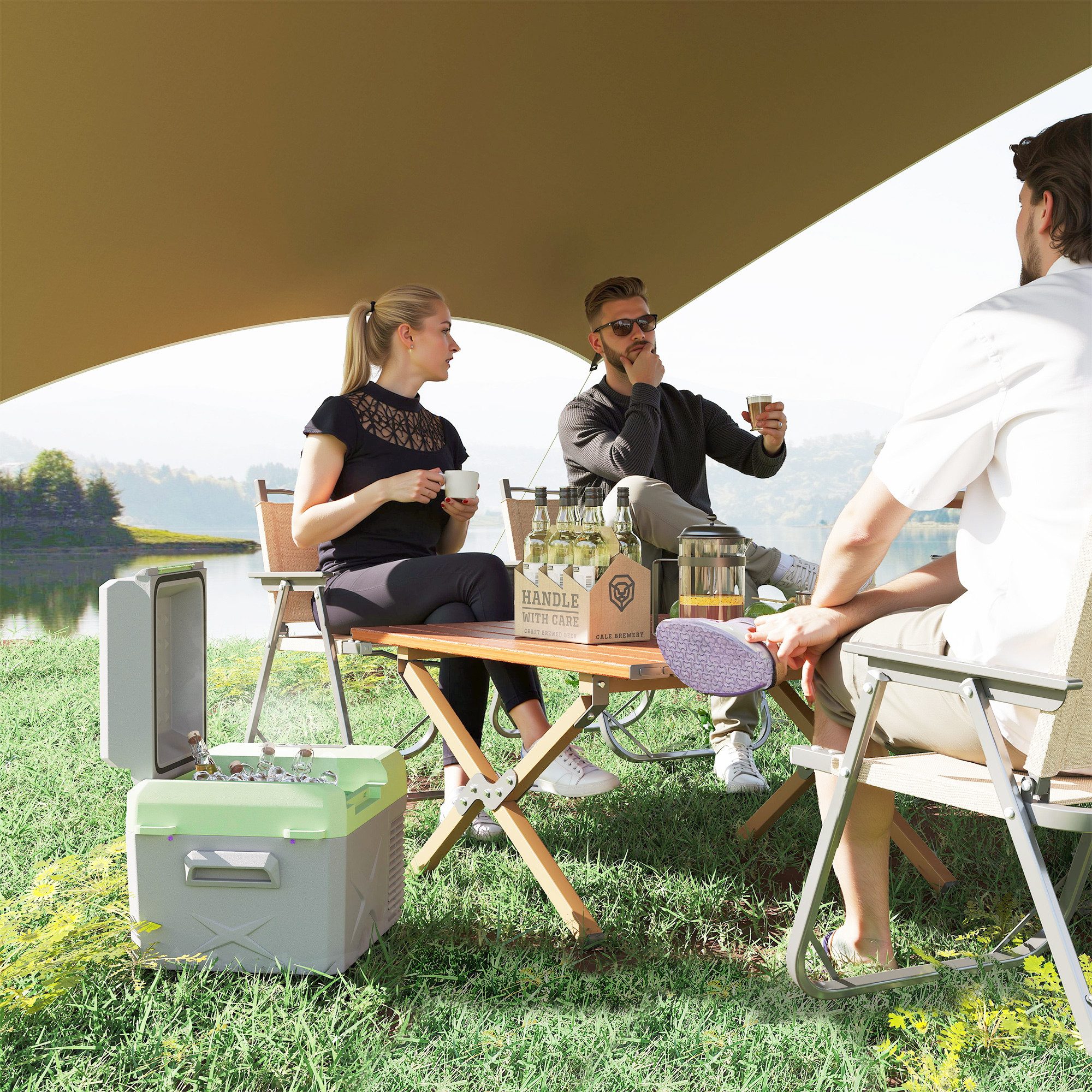 Outsunny Kühlbox 12 Liter, mit Anschluss, Kühlhaltefunktion, 12 l, für Auto Steckdose LKW Camping Boot Grau+Grün