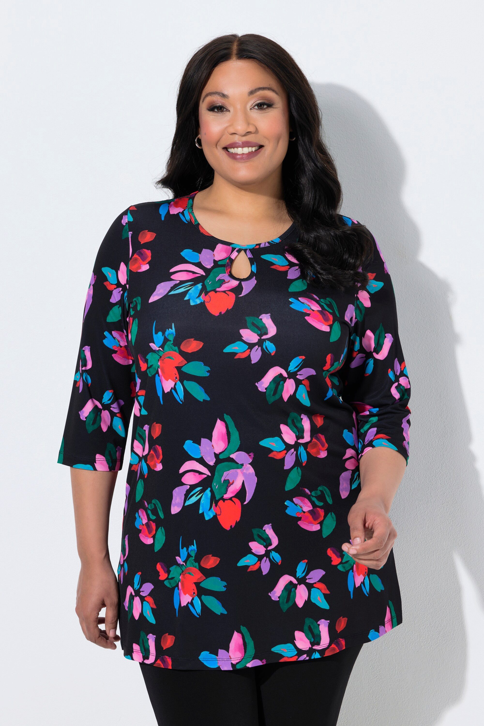 Ulla Popken Longshirt Longshirt Blüten Keyhole Rundhals 3/4-Arm