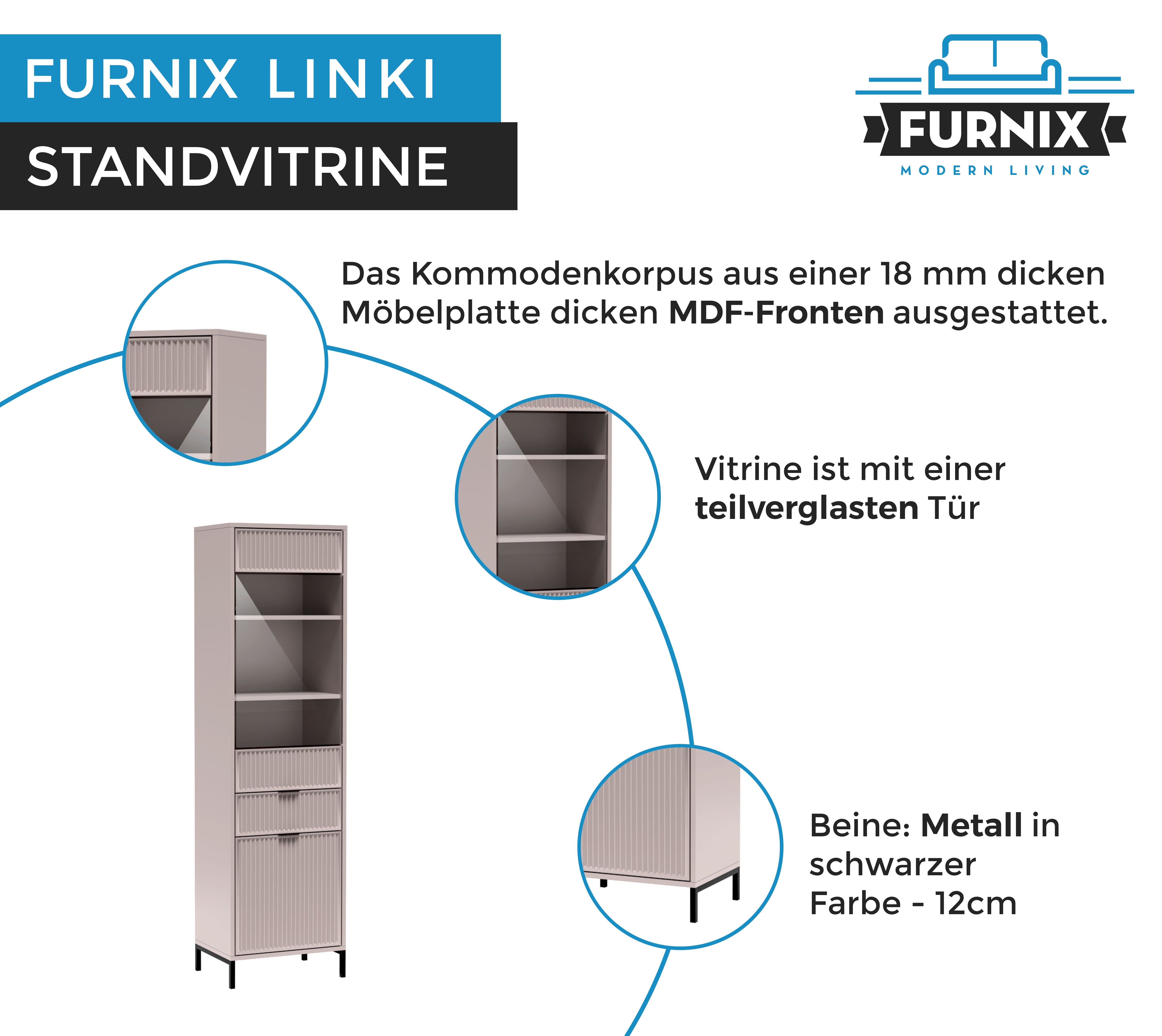 Furnix Standvitrine mit Vitrinenschrank LS5 Kaschmir LINKI mit Glastür, Türen verglaste Schublade Schublade