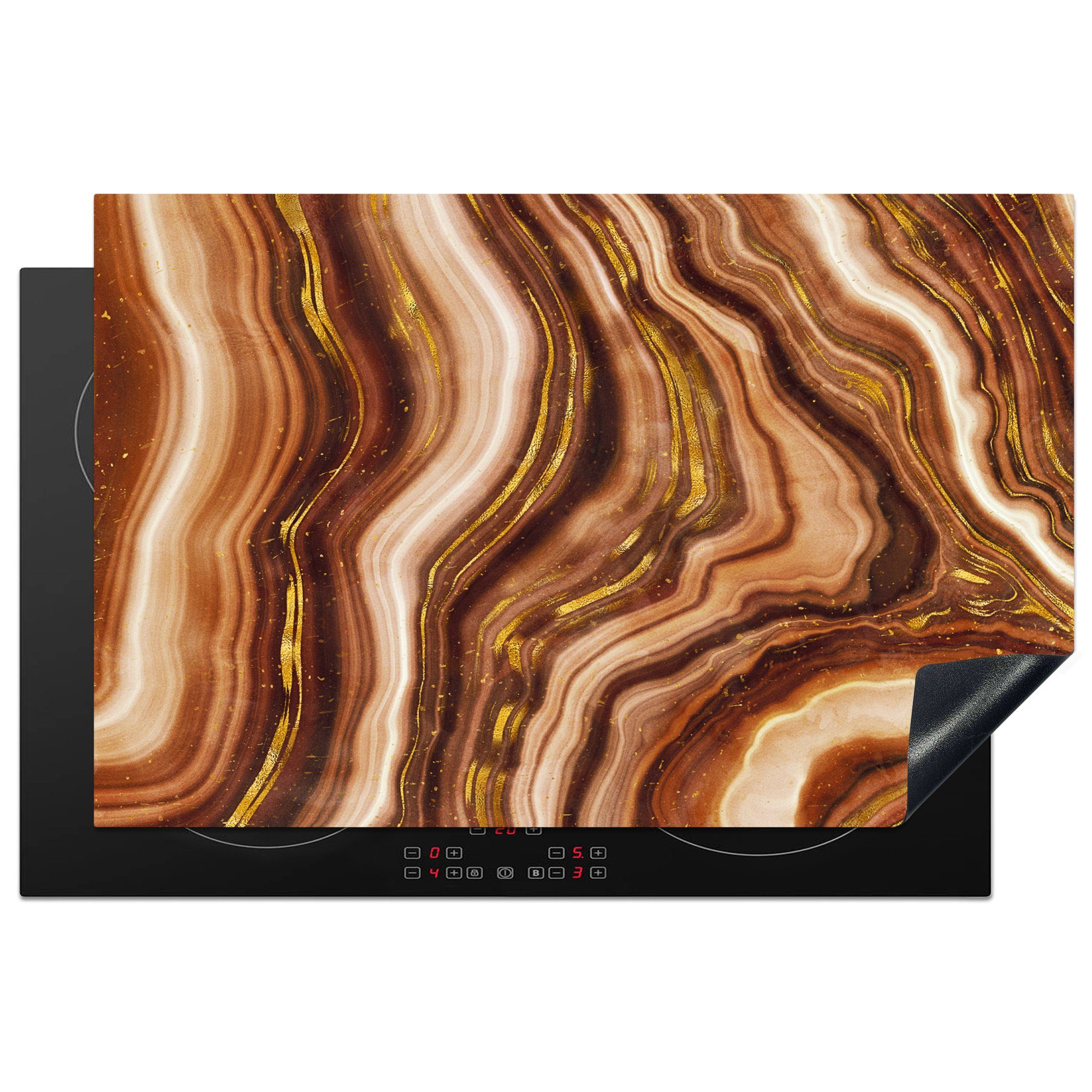 MuchoWow Herdblende-/Abdeckplatte Marmor - Beige - Gold, Vinyl, (1 tlg), 81x52 cm, Induktionskochfeld Schutz für die küche, Ceranfeldabdeckung