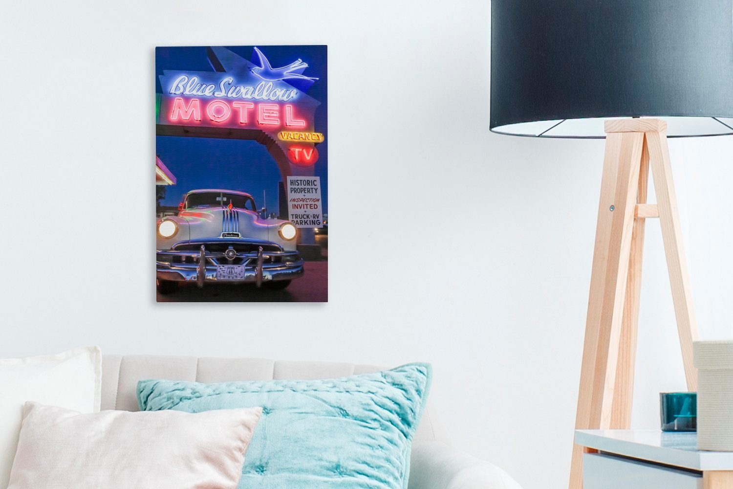 OneMillionCanvasses® Leinwandbild Oldtimer Gemälde, cm im Zackenaufhänger, (1 bespannt Motel, fertig Leinwandbild 20x30 St), inkl