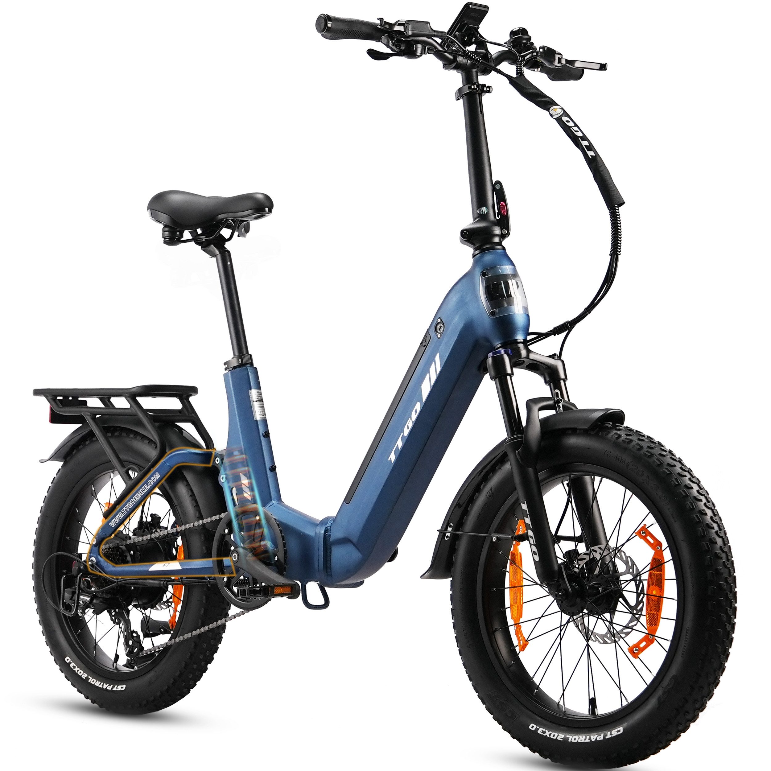 TTGO E-Bike Klapprad 20 Zoll, Fully, Vollfederung, 70Nm Hinterradmotor, 120km, max.150kg, 7 Gang SHIMANO, Kettenschaltung, Heckmotor, 720 Wh, F7, Drehmomentsensor, Lockout-Federgabel, Elektrofahrrad, Damen Herren