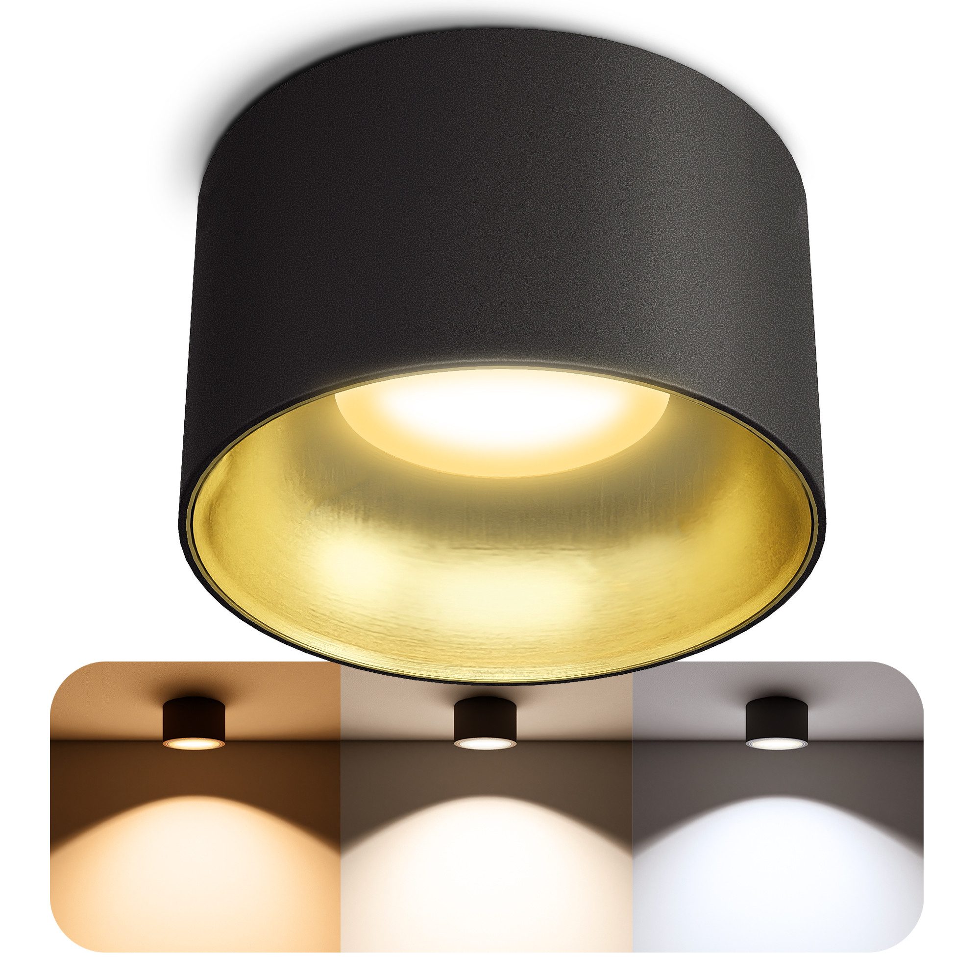 SSC-LUXon LED Aufbaustrahler BAHIO LED Aufbauspot schwarz gold 6W dimmbar 3CCT Downlight, Warmweiß