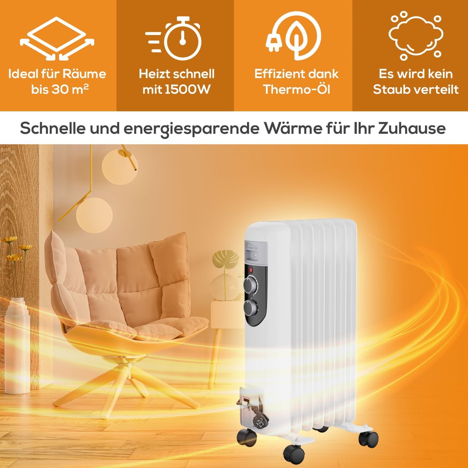 TroniTechnik Heizgerät Ölradiator Mobile Elektroheizung 7 Rippen, 1500Watt, 1500 W, energiesparend, Elektroheizung, 1500 Watt