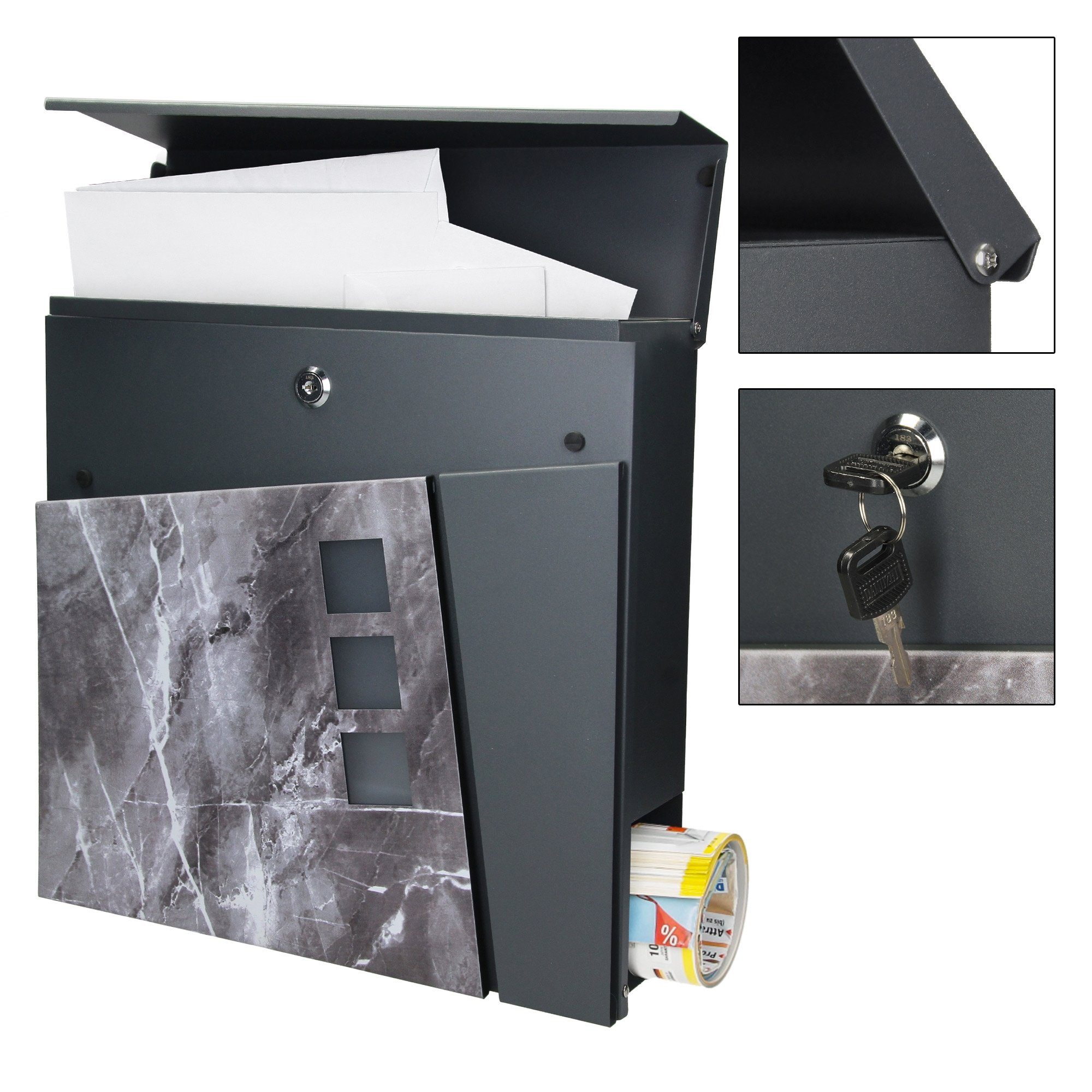 Anthrazit/Schwarz-Marmoroptik Briefkasten ML-DESIGN aus Briefkasten Stahl 37x36,5x11cm