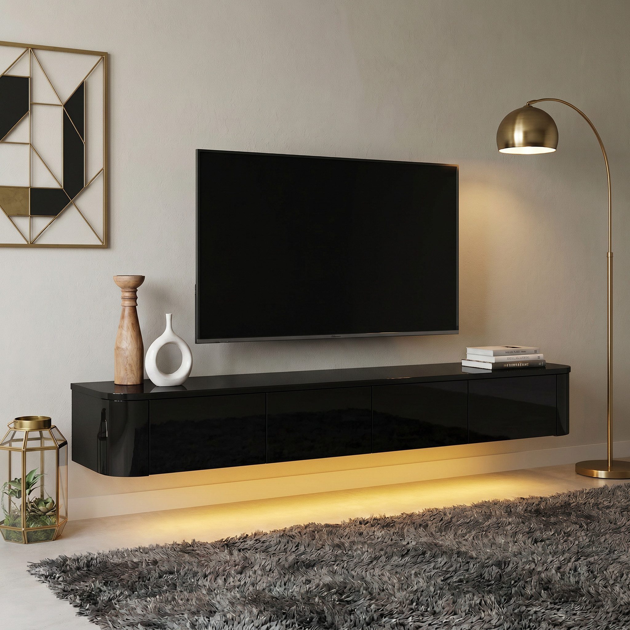 FUFU&GAGA Lowboard 140-200cm TV-Board Hochglanz LED, Weiß/Schwarz, ausziehbar – Bild 2 von 5