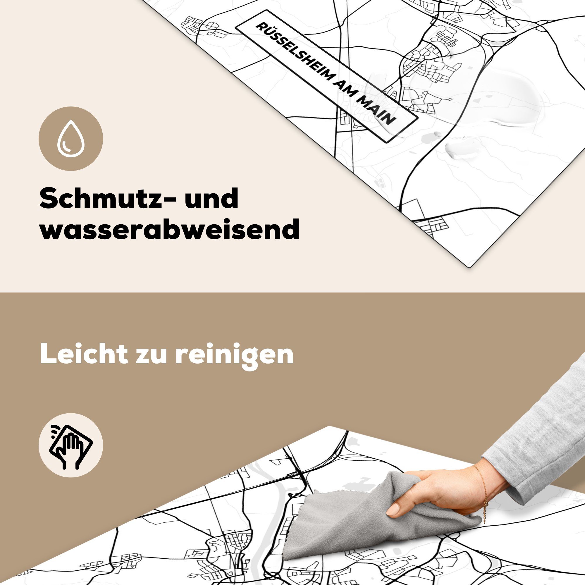 MuchoWow Herdblende-/Abdeckplatte Rüsselsheim am Main 78x78 Ceranfeldabdeckung, Arbeitsplatte - (1 - cm, Wegbeschreibung, Stadtplan für küche - tlg), Karte Vinyl