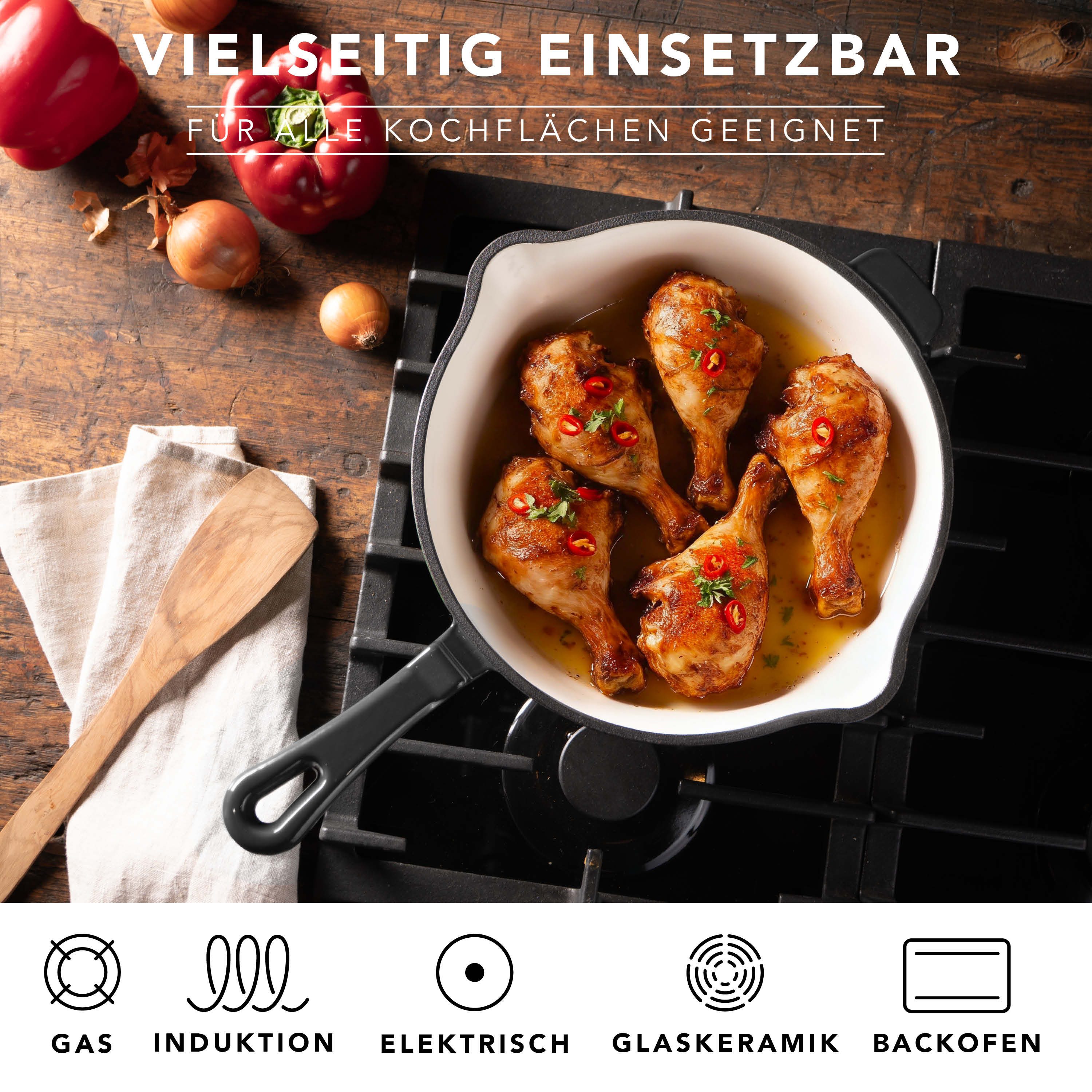 RÖMERTOPF Bratpfanne Gusseisen Brattpfanne 28cm Schwarz, Gusseisen (Set, Set), Alle Herdarten inkl. Induktion, bis 250 °C