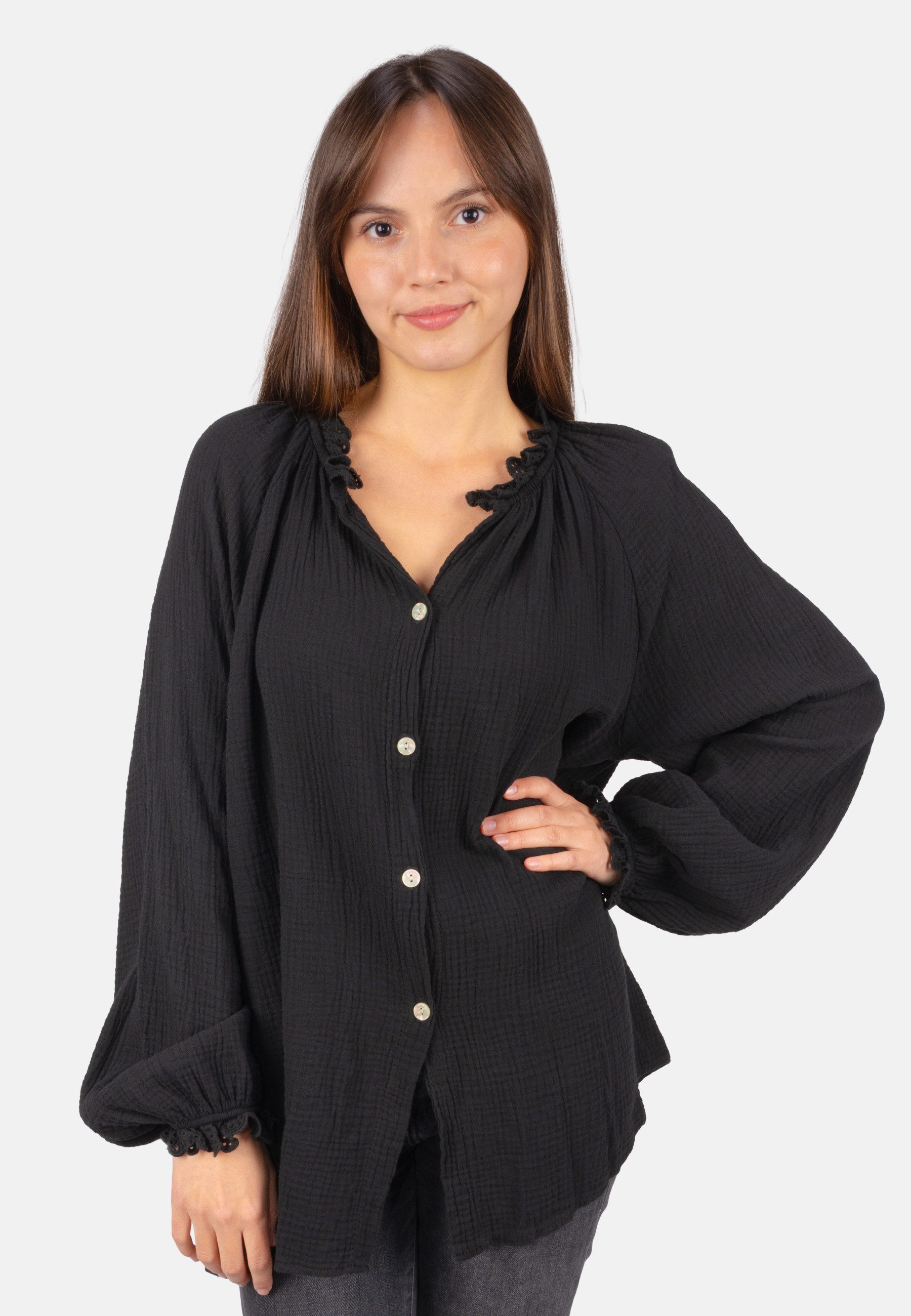 Seasons of April Hemdbluse CLOE MUSSELIN OVERSIZED (1-tlg) Musselinbluse Damen Oversized Baumwolle mit Spitze, Cloe One Size