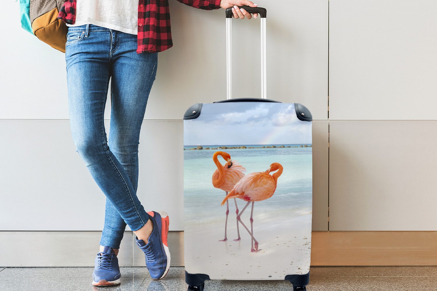 rollen, - Reisekoffer MuchoWow Rollen, 4 - Reisetasche Flamingo für Handgepäck Handgepäckkoffer Ferien, Sommer, Trolley, Meer mit