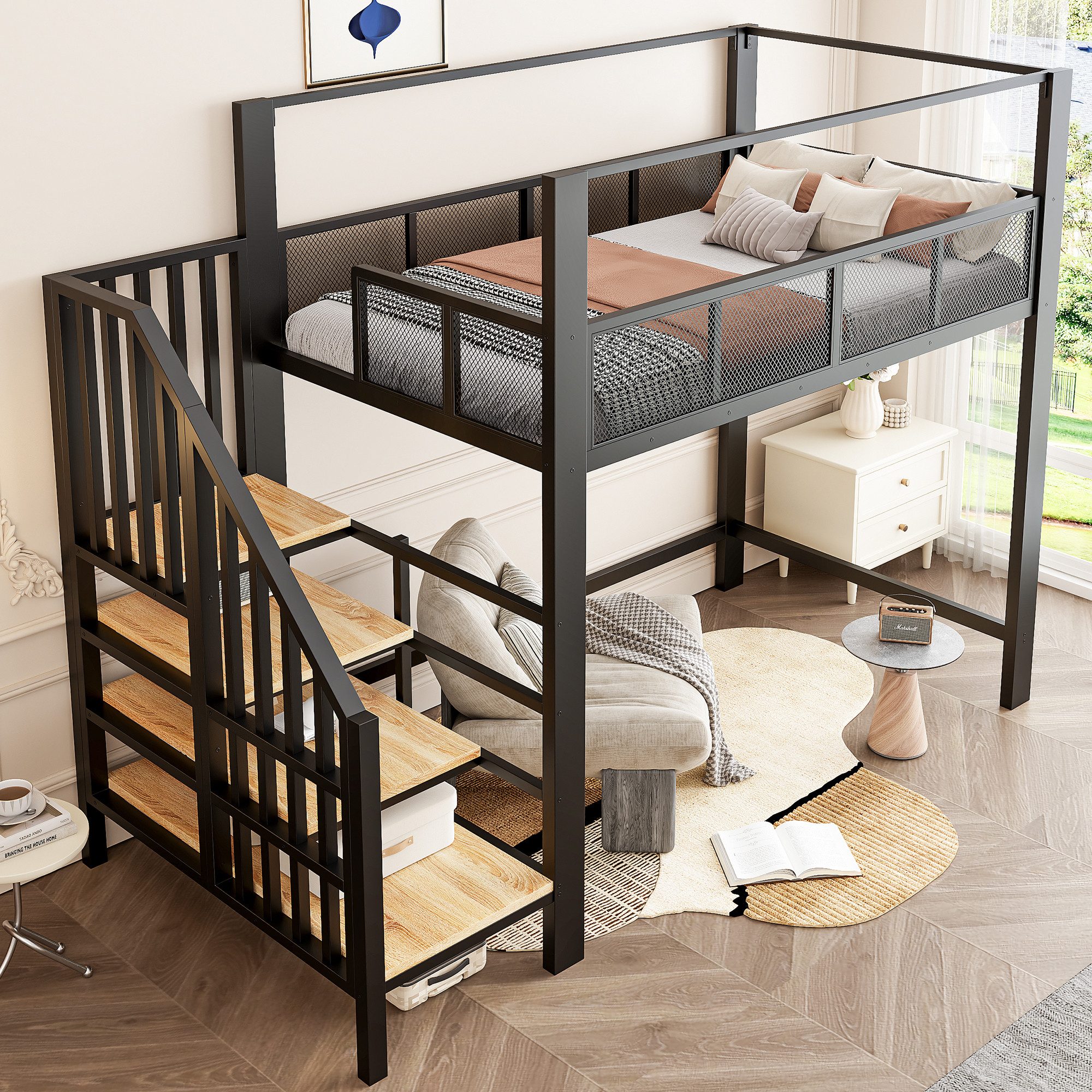 Flieks Hochbett Metallbett Kinderbett 90×200cm mit Stauraumtreppe