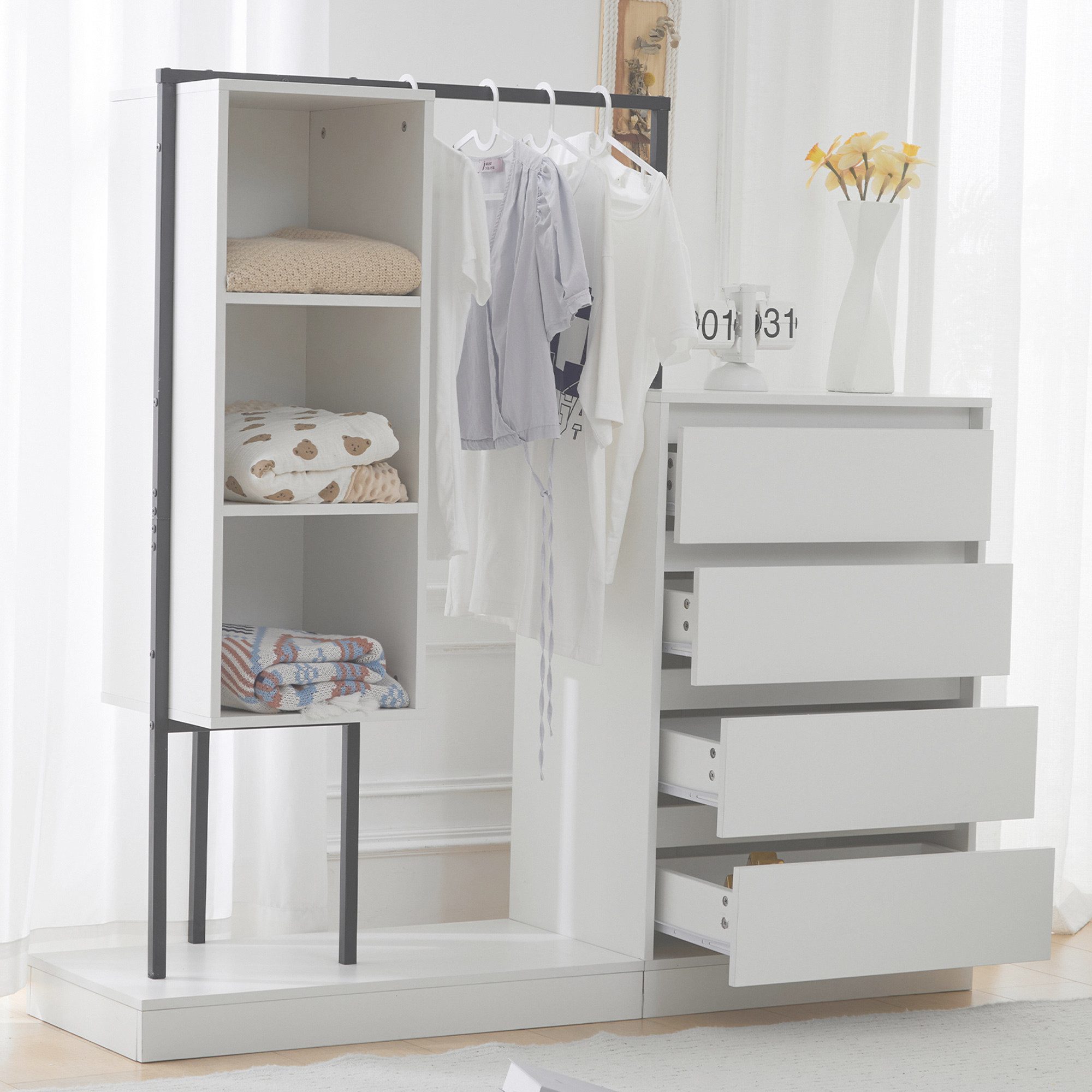 BlingBin Garderobenschrank Kleiderschrank Garderobenständer Kompaktgarderobe (1-St., mit 4 Schubladen, 1 Kleiderstange und offenen Staufächern) 140×40×135, für Schlafzimmer, Flur und Wohnzimmer