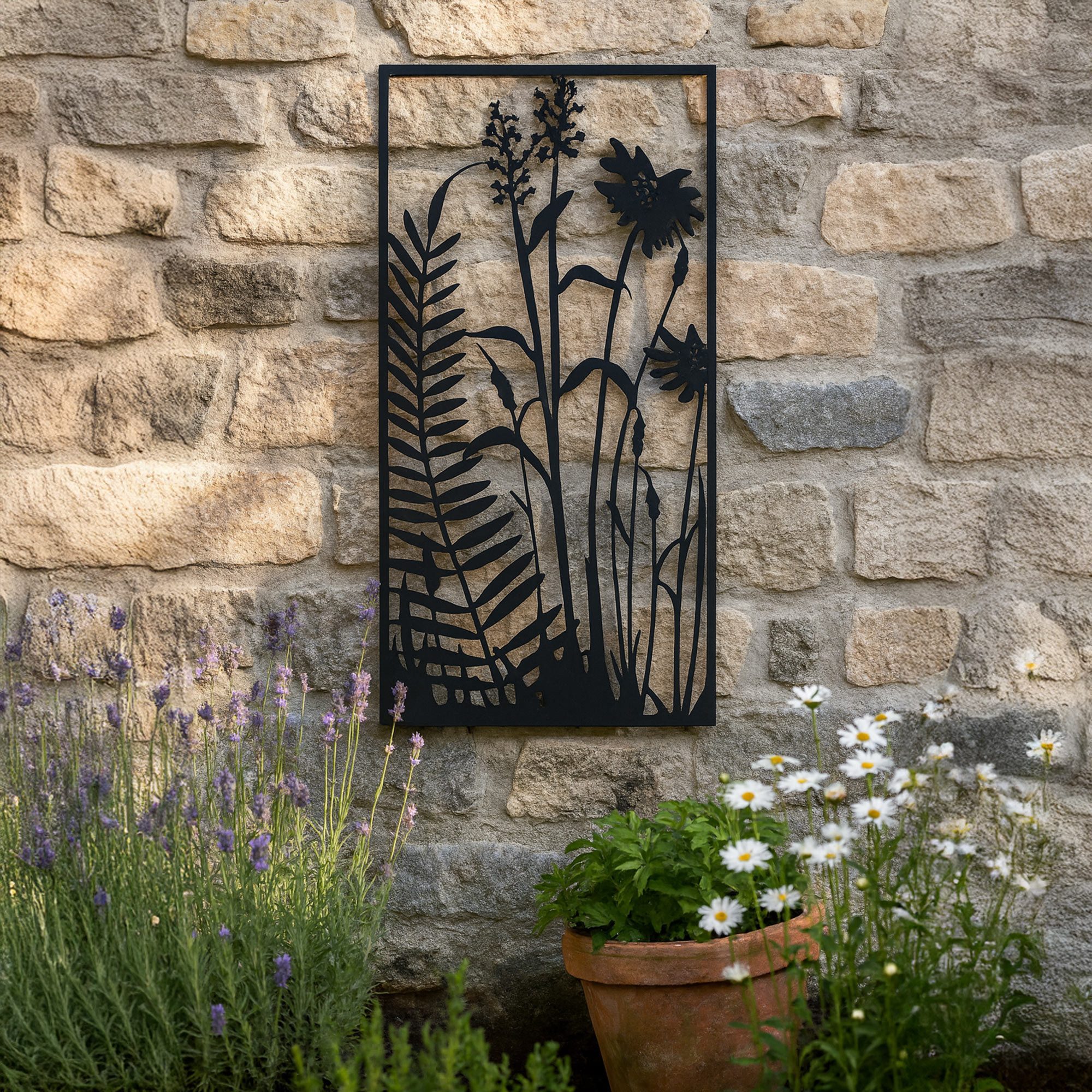 UNUS ELEMENTS Dekohänger Metallbild Farn & Blumen (120x60cm), Wanddeko innen außen Aufhängehaken