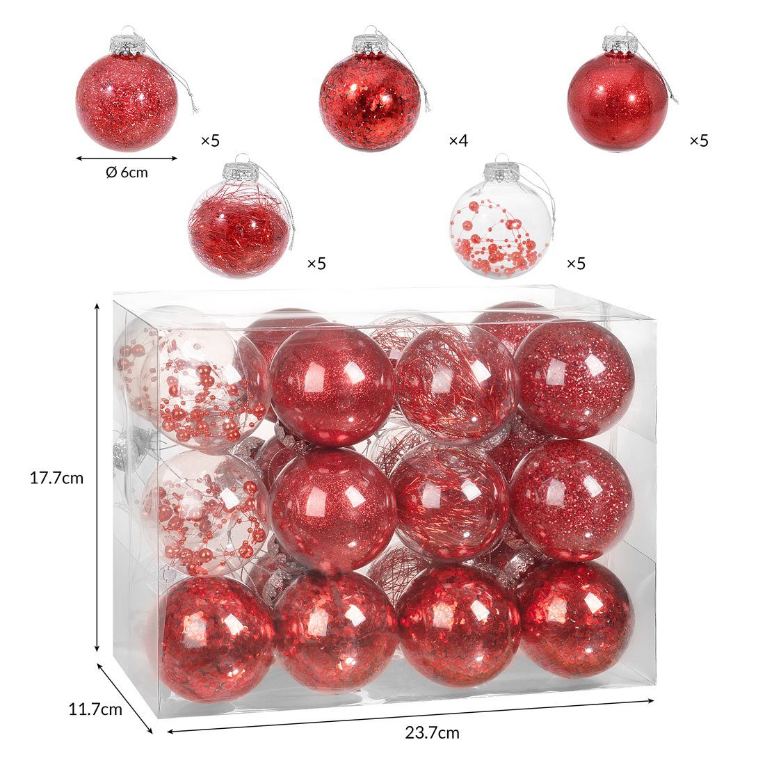 Ø6cm transparent Weihnachtsbaumkugel, Christbaumkugeln Kunststoff Casaria gefüllt 24tlg Rot