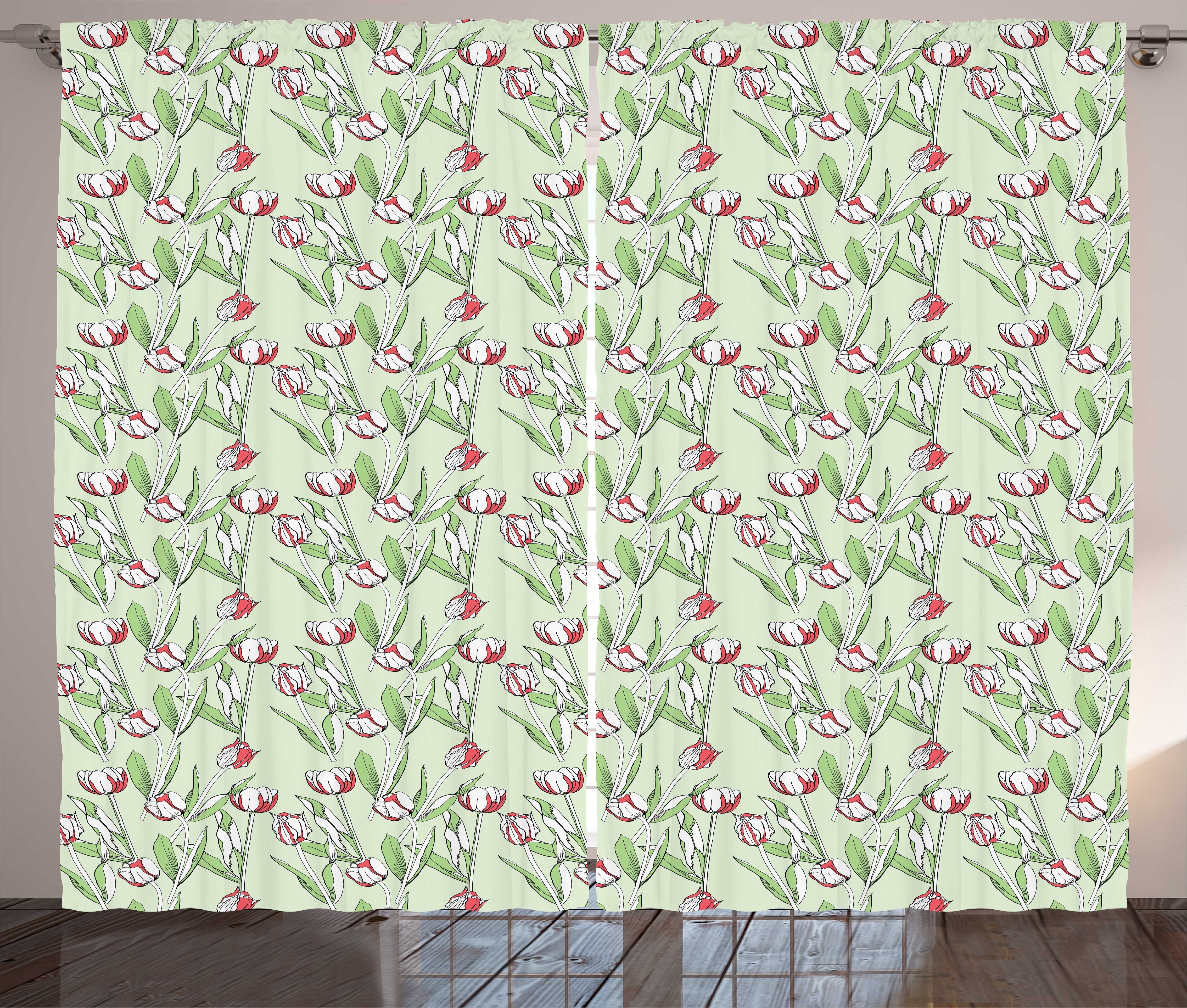 Abakuhaus, Tulpen Gardine mit Schlaufen Abstrakte Botanisch Kräuselband Muster Haken, Vorhang Schlafzimmer und