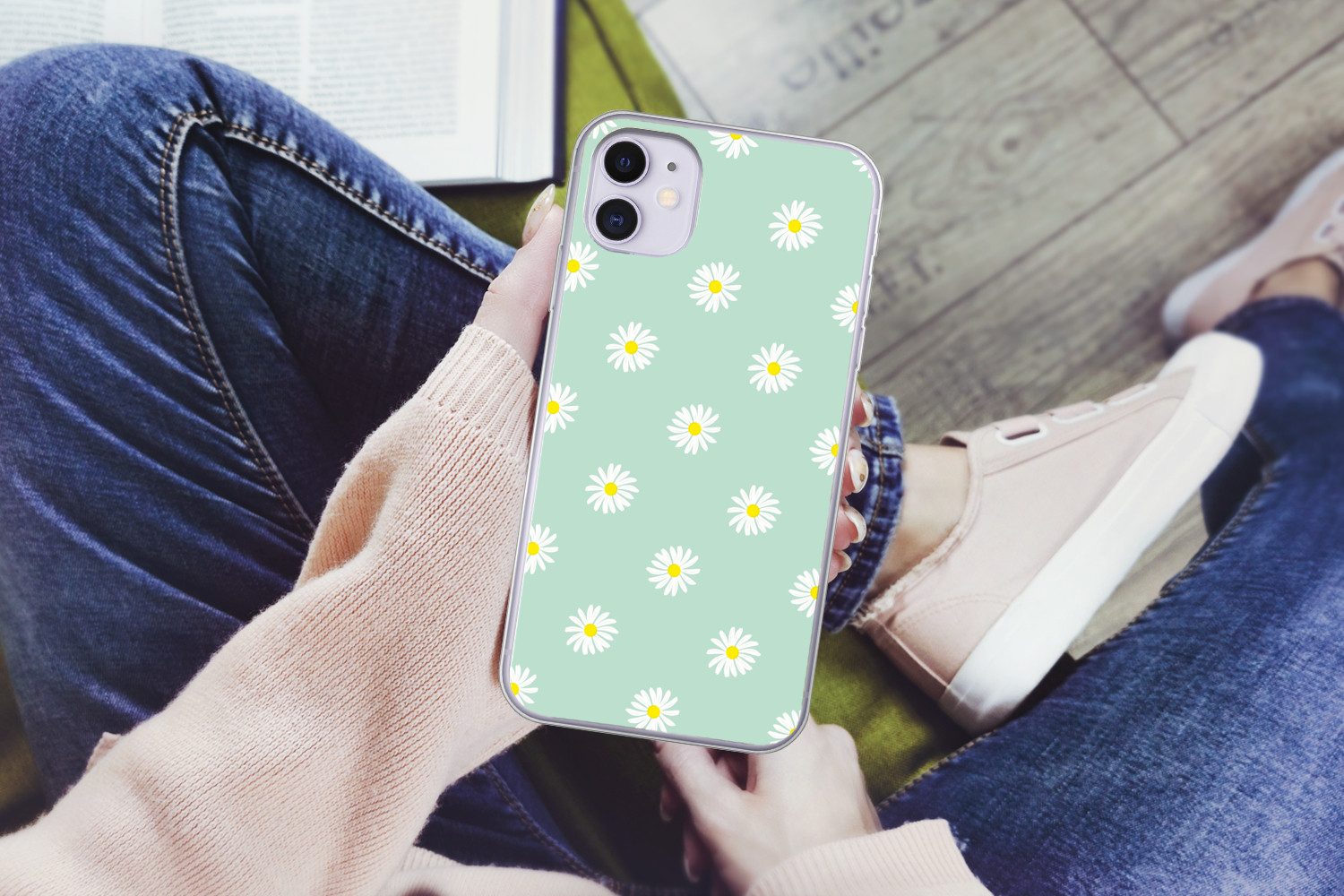 MuchoWow Handyhülle für Apple iPhone 11 Gänseblümchen - Pastell - Weiß - Grün - Florales M, Smartphone-Bumper, Print, Handy Schutzhülle Dünn