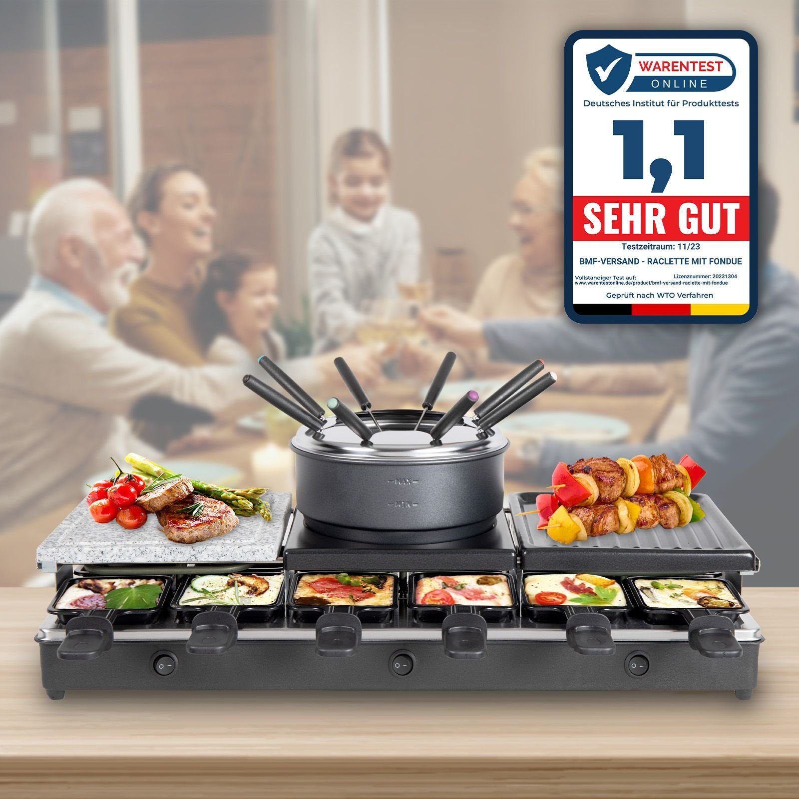 LUTEO Fondue Raclette 12 Personen Fondue Set Elektrisch Crepes Maker Tischgrill, 12 Fonduegabeln, 1,60 l, 3 unabhängige Ein-/Aus-Schalter, 3 austauschbare Tabletts