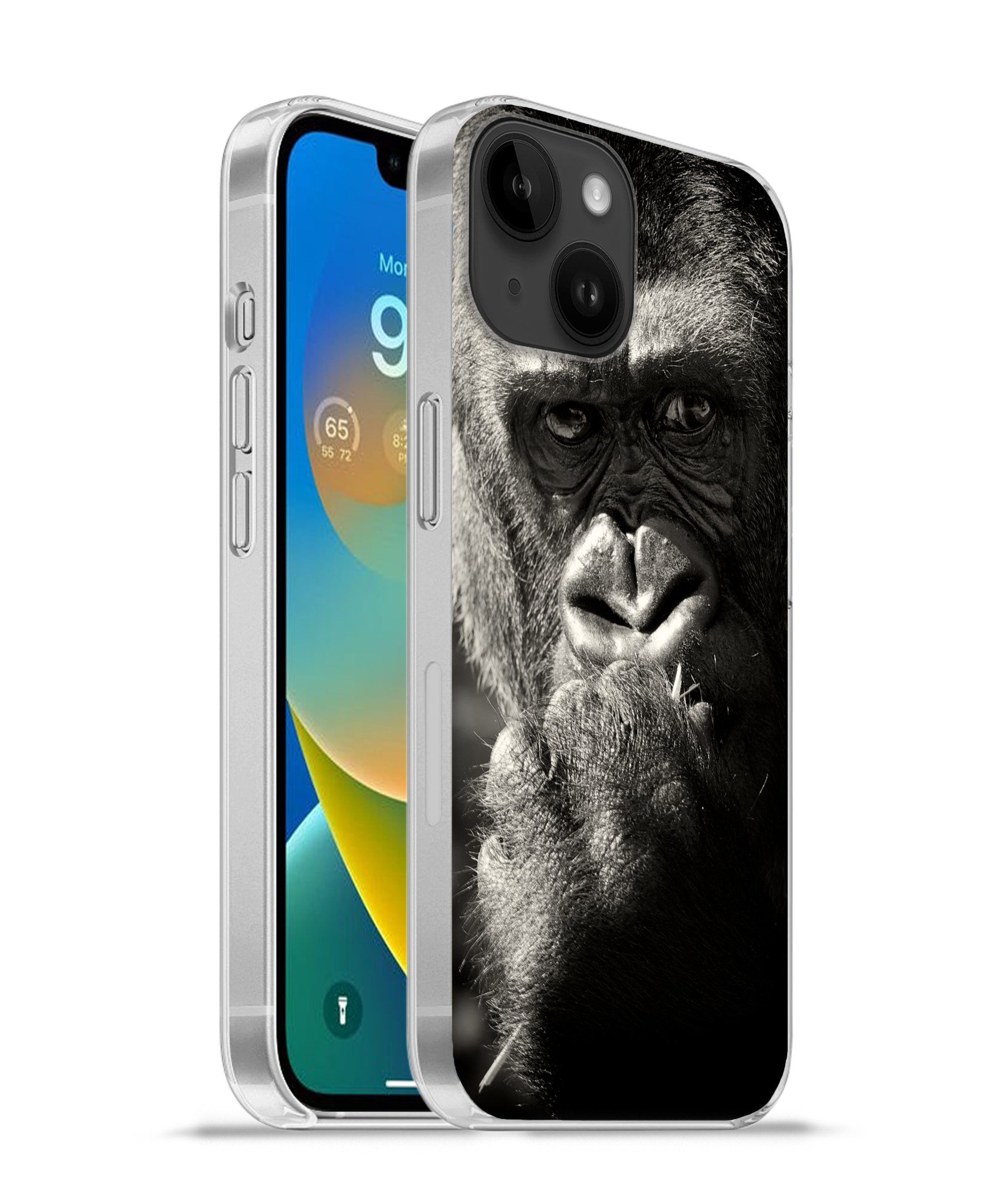 MuchoWow Handyhülle Gorilla auf schwarzem Hintergrund in Schwarz und Weiß,  Handyhülle Telefonhülle Apple iPhone 14